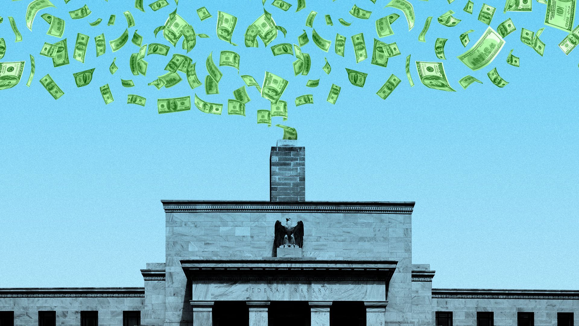 Illustration of the Fed with a chimney and tons of money coming out of the chimney.