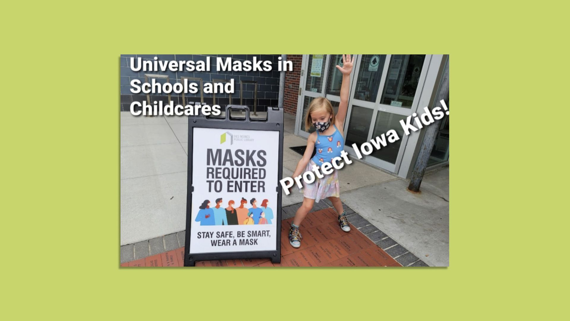 A photo of a young girl wearing a mask by a sign that says "Masks required to enter."