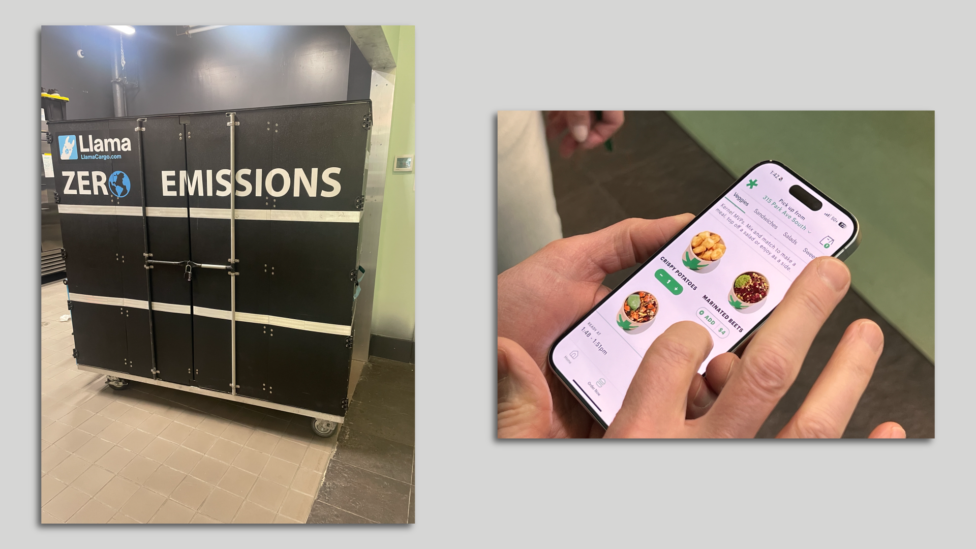 At left, a locker that delivers food from a central kitchen; at right, a phone with a hand ordering food from an app.