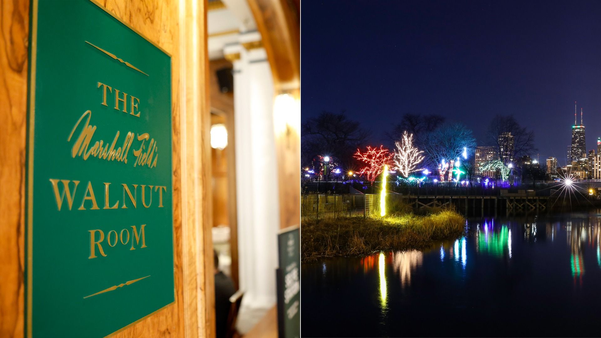 Left image shows a green sign reading "The Marshall Field's Walnut Room" in gold on wood. Right image shows a nighttime cityscape with colorful, illuminated holiday trees reflecting in water.
