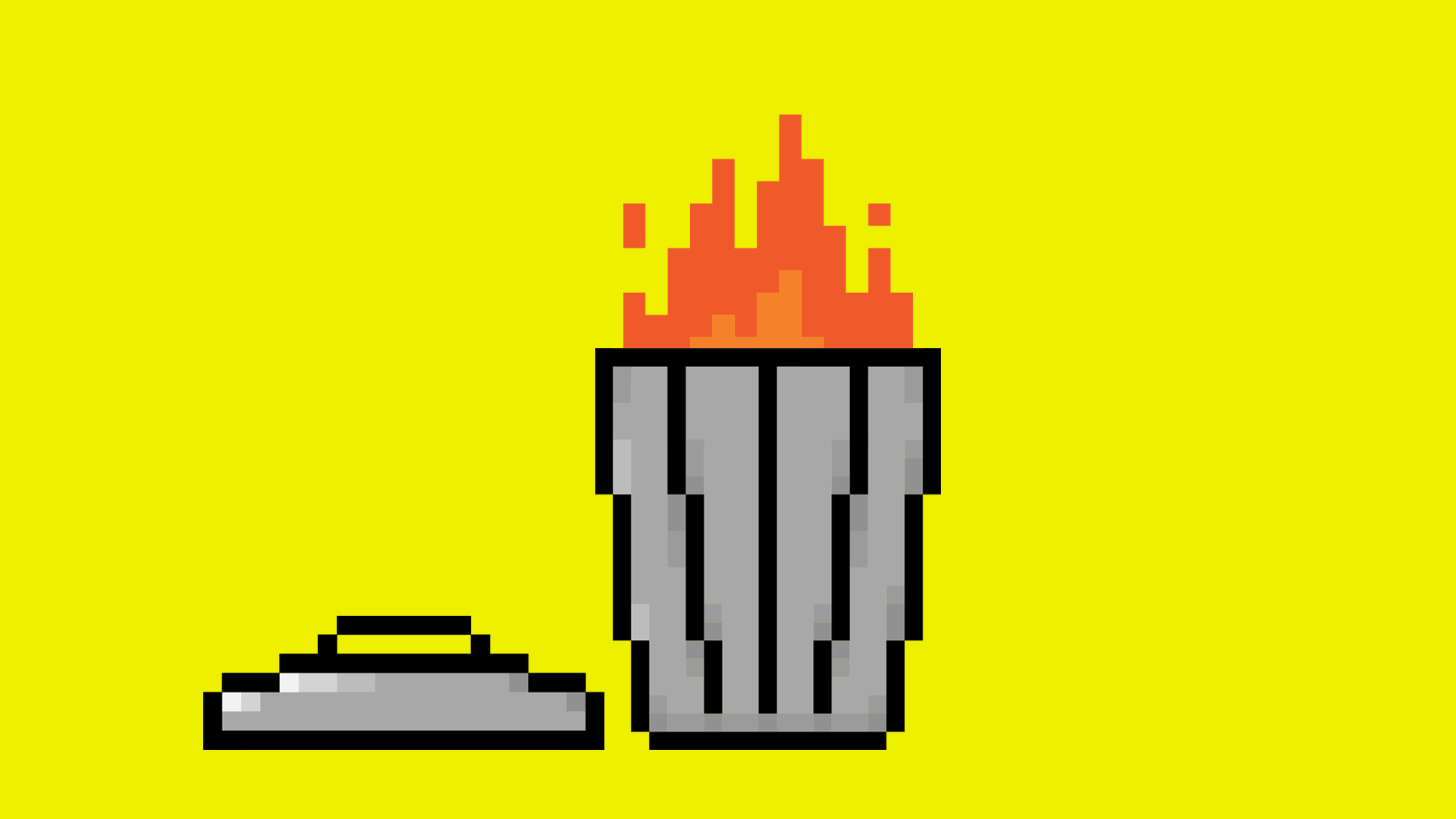 Illustration of a pixel trash can with the lid off and a fire inside
