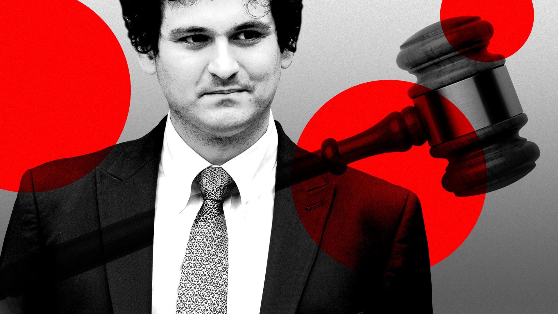 Photo illustration of Sam Bankman-Fried with a gavel and red circles