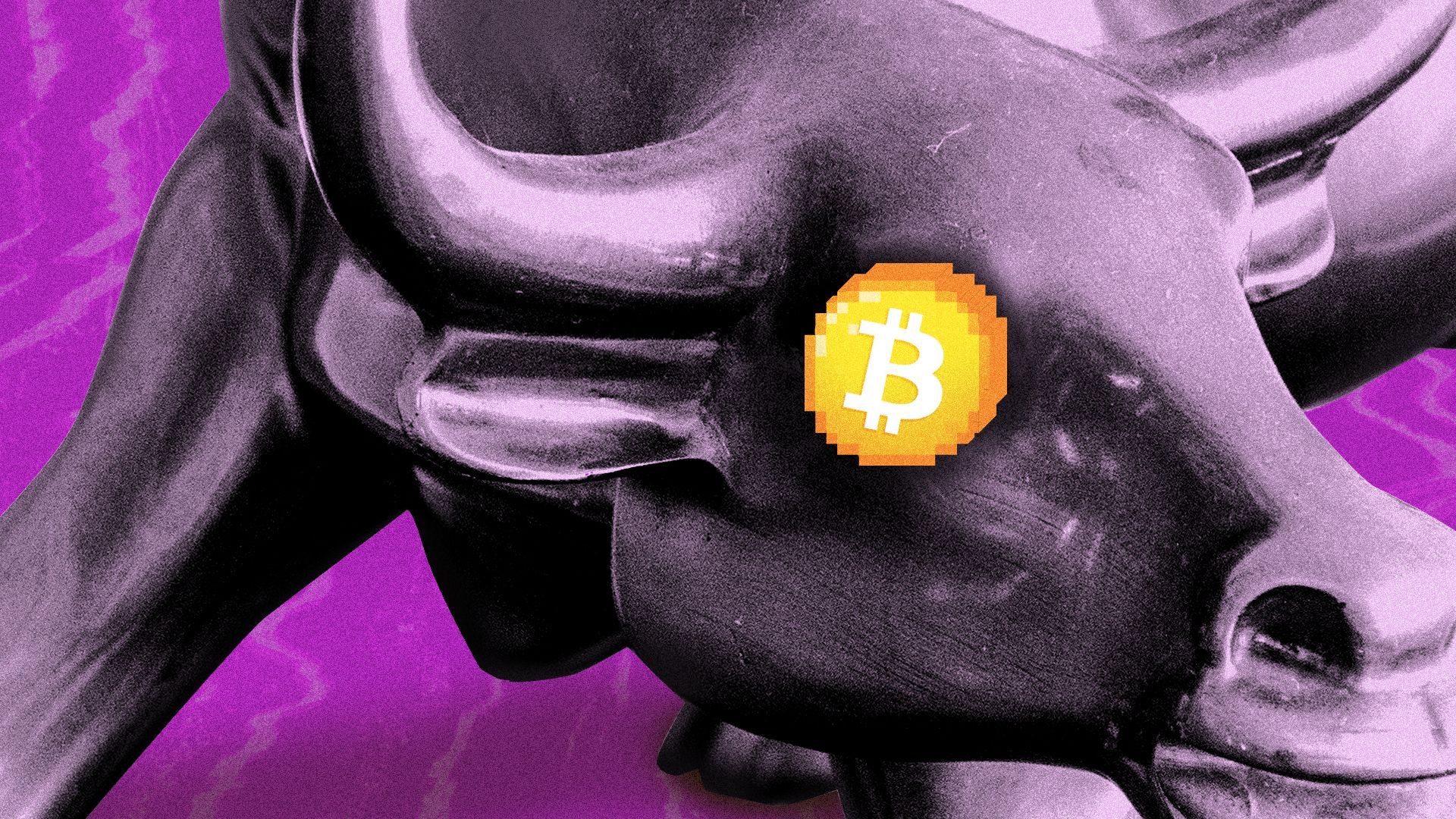 Illustration of the Wall Street bull statue with a Bitcoin as an eye.