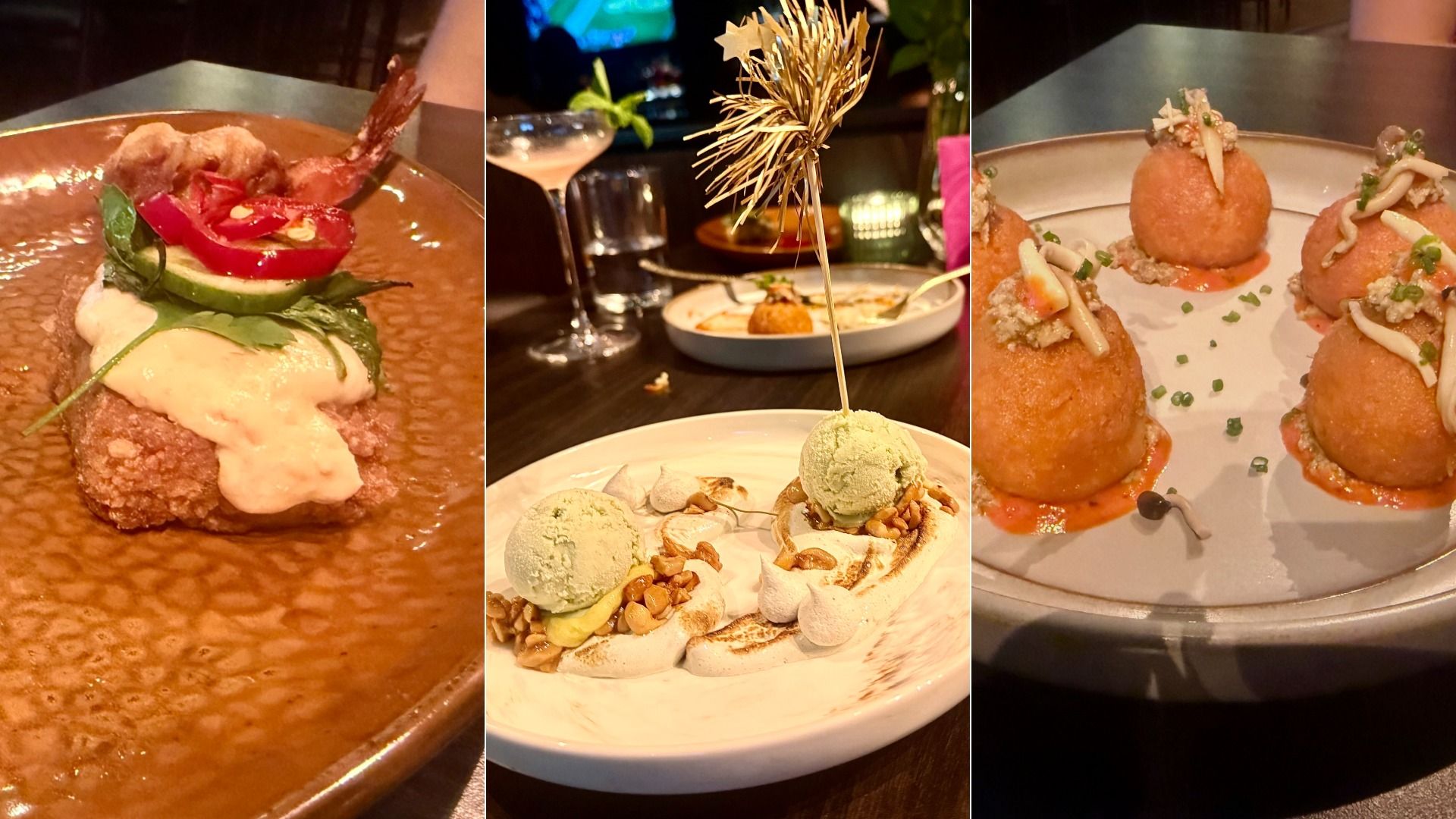 Triptych of dishes: left crispy fried item with white sauce and greens; center green ice-cream scoops with nuts; right croquettes with sauce and chives on a white plate.