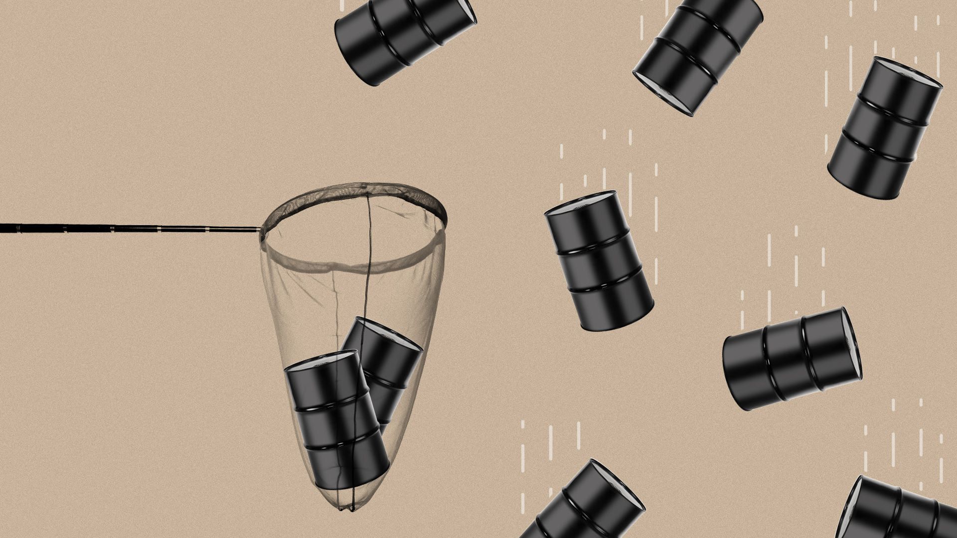 Illustration of a net trying to catch oil barrels