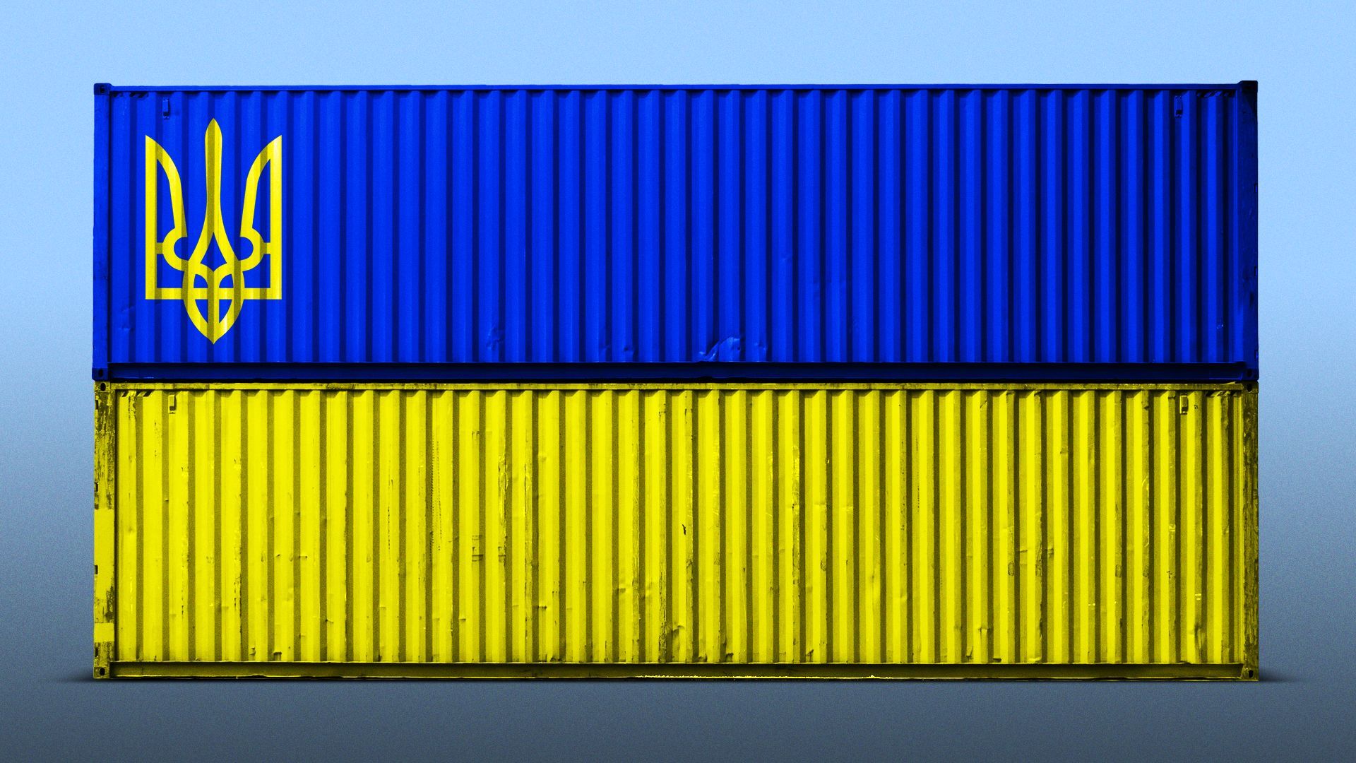 Illustration of two stacked shipping containers, one yellow and one blue, to look like the Ukrainian flag with the trident.