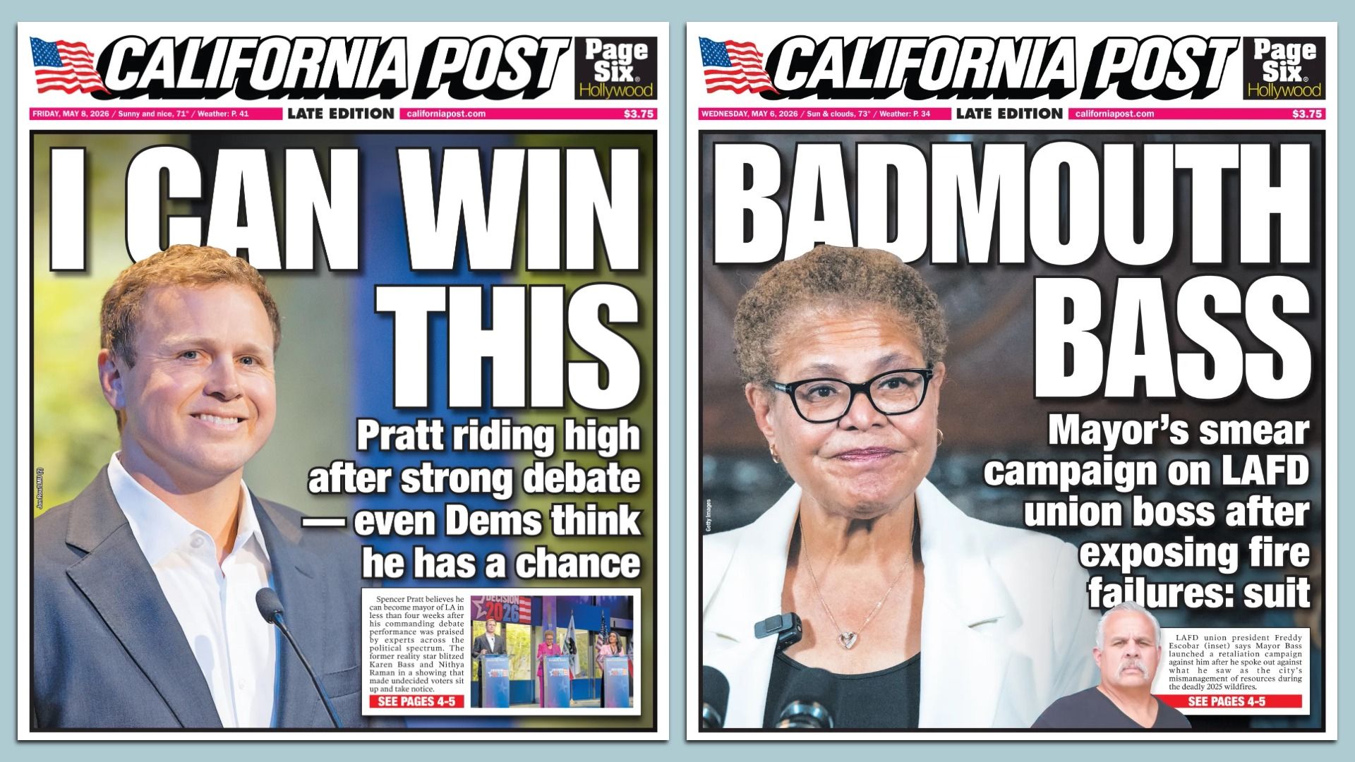 Covers, today (left) and yesterday, of the California edition of the New York Post, which launched and January and is based at the Fox lot in Century City, on L.A.'s Westside.