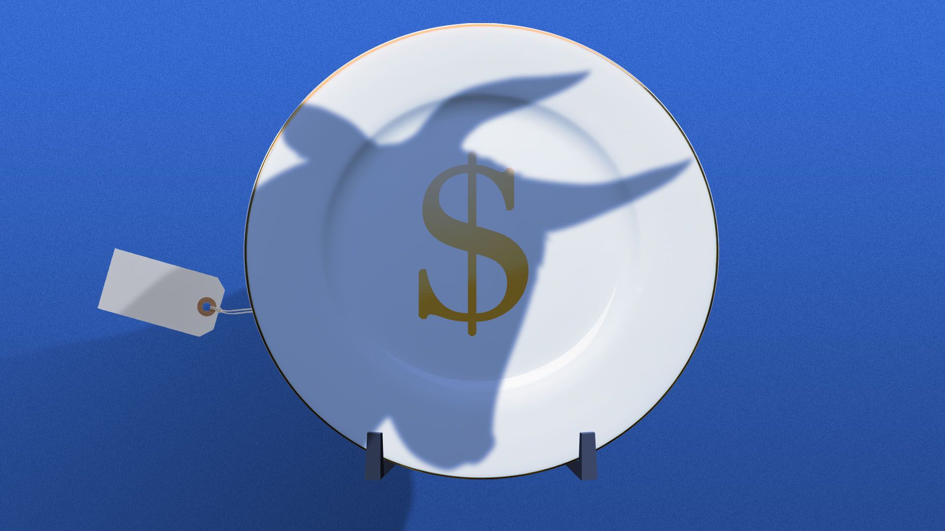 Illustration of a bull casting a shadow onto a plate in a china shop with a dollar sign in it