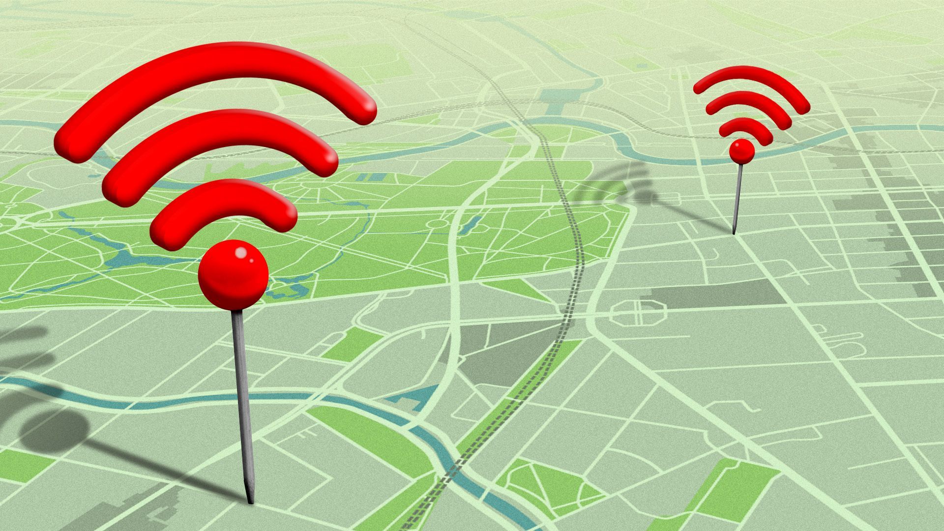 Illustration of push pins with wifi signals on a road map