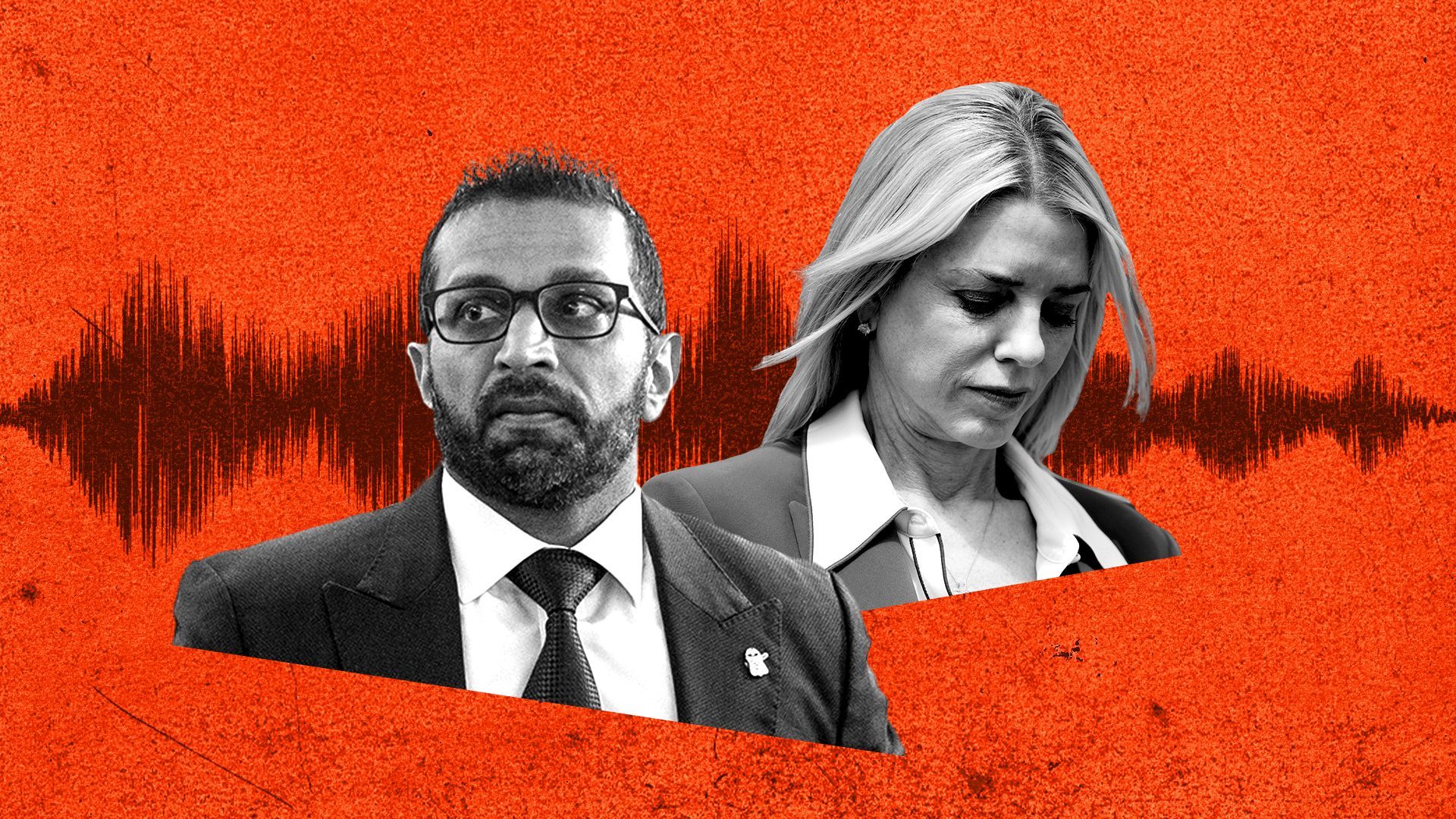 Photo illustration of Kash Patel and Pam Bondi, over a red background with a waveform behind them.
