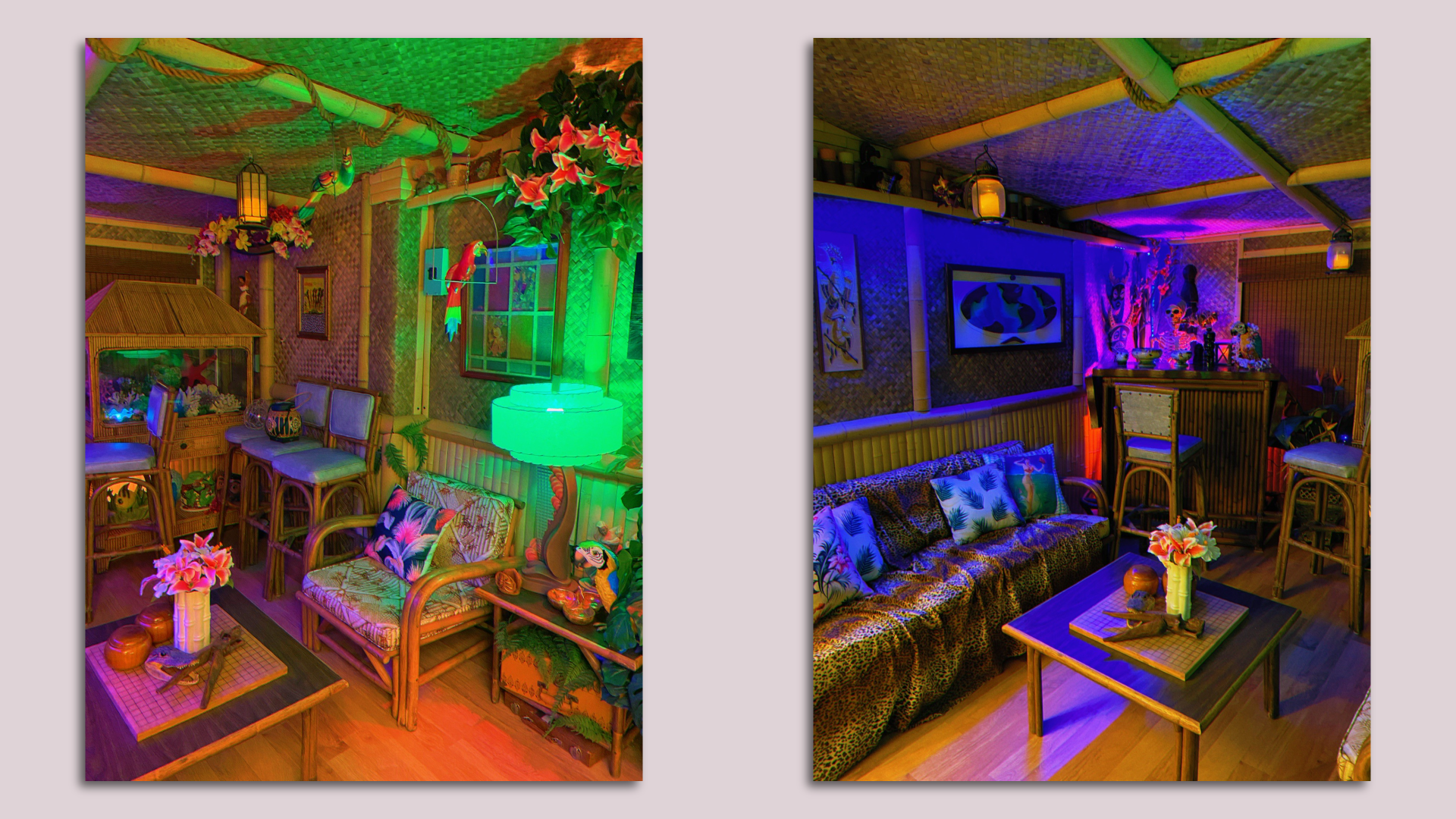 Side-by-side photos of a room with tiki decor.