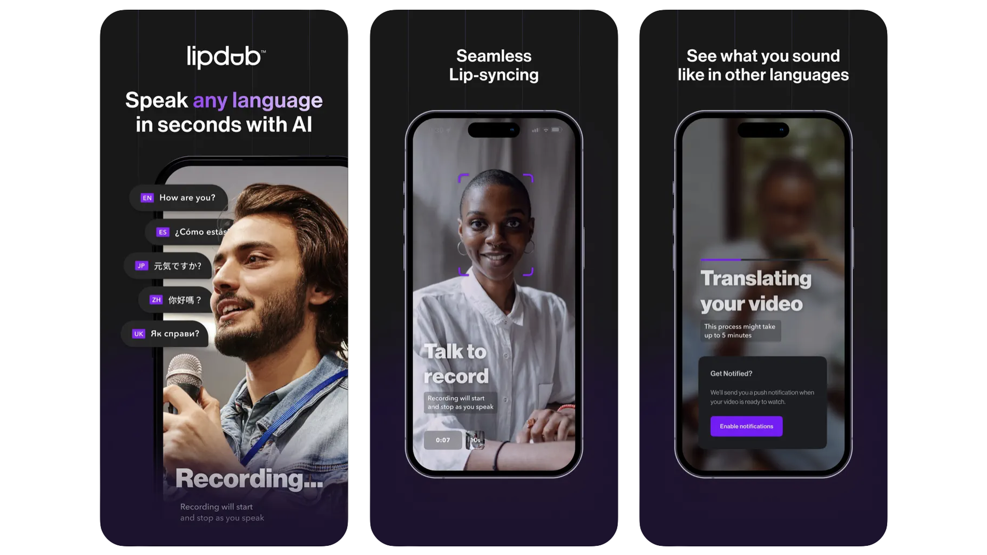 Screenshots of Lipdub an AI tool for automatic language translation 