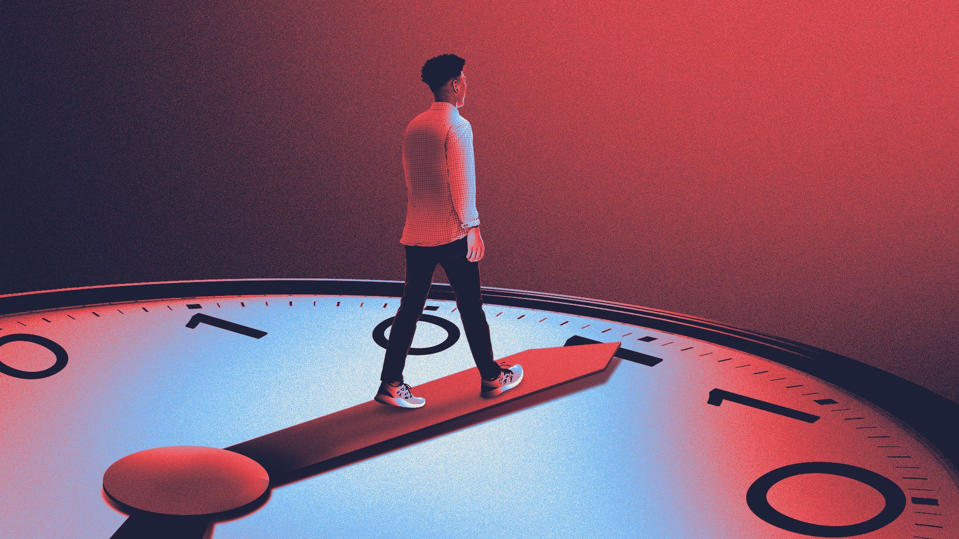 Illustration of a teenager walking along a giant clock hand on a clock featuring binary code