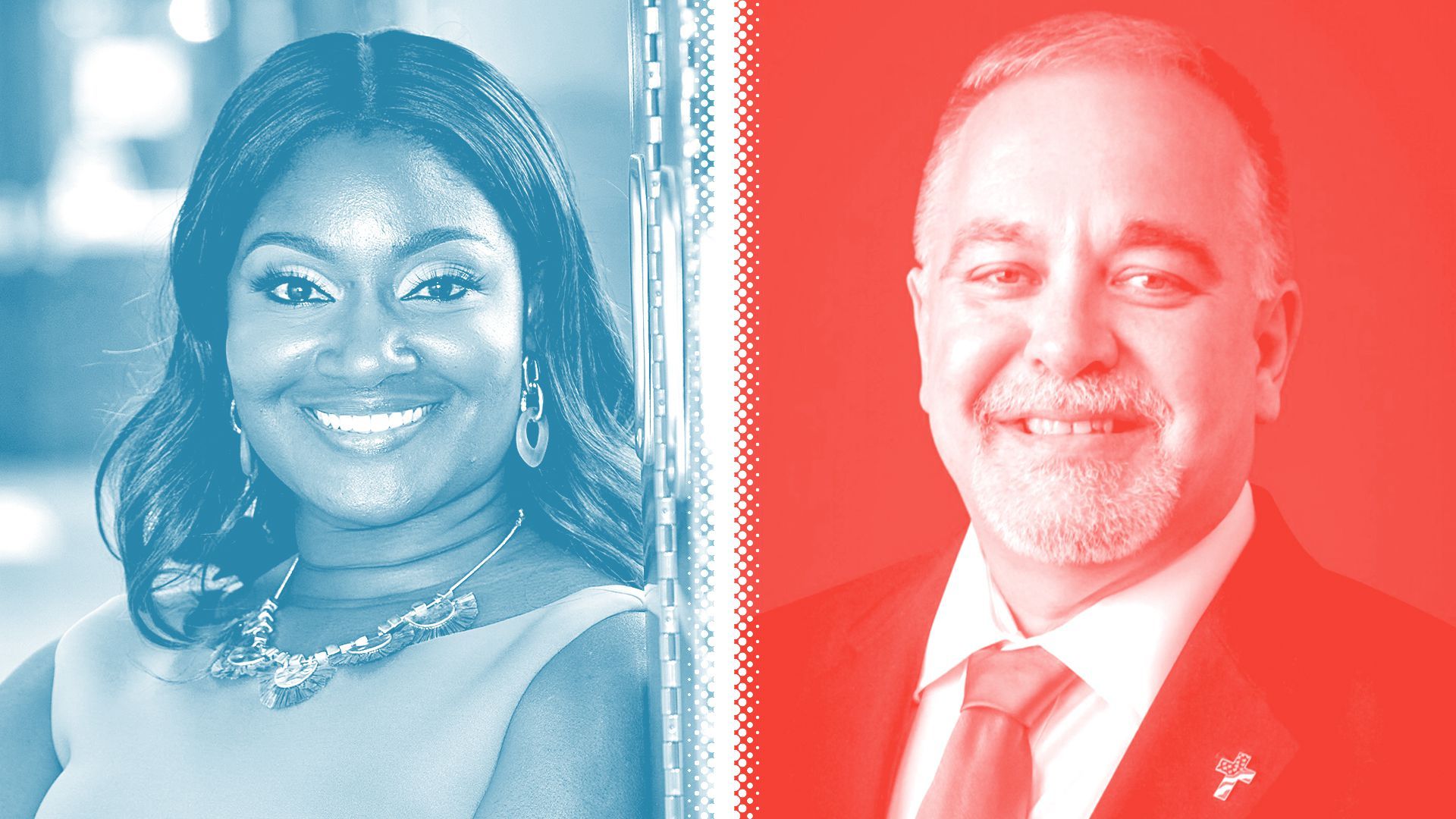Photo illustration of Alisha Thomas Searcy, tinted blue, and Richard Woods, tinted red, separated by a white halftone divider.