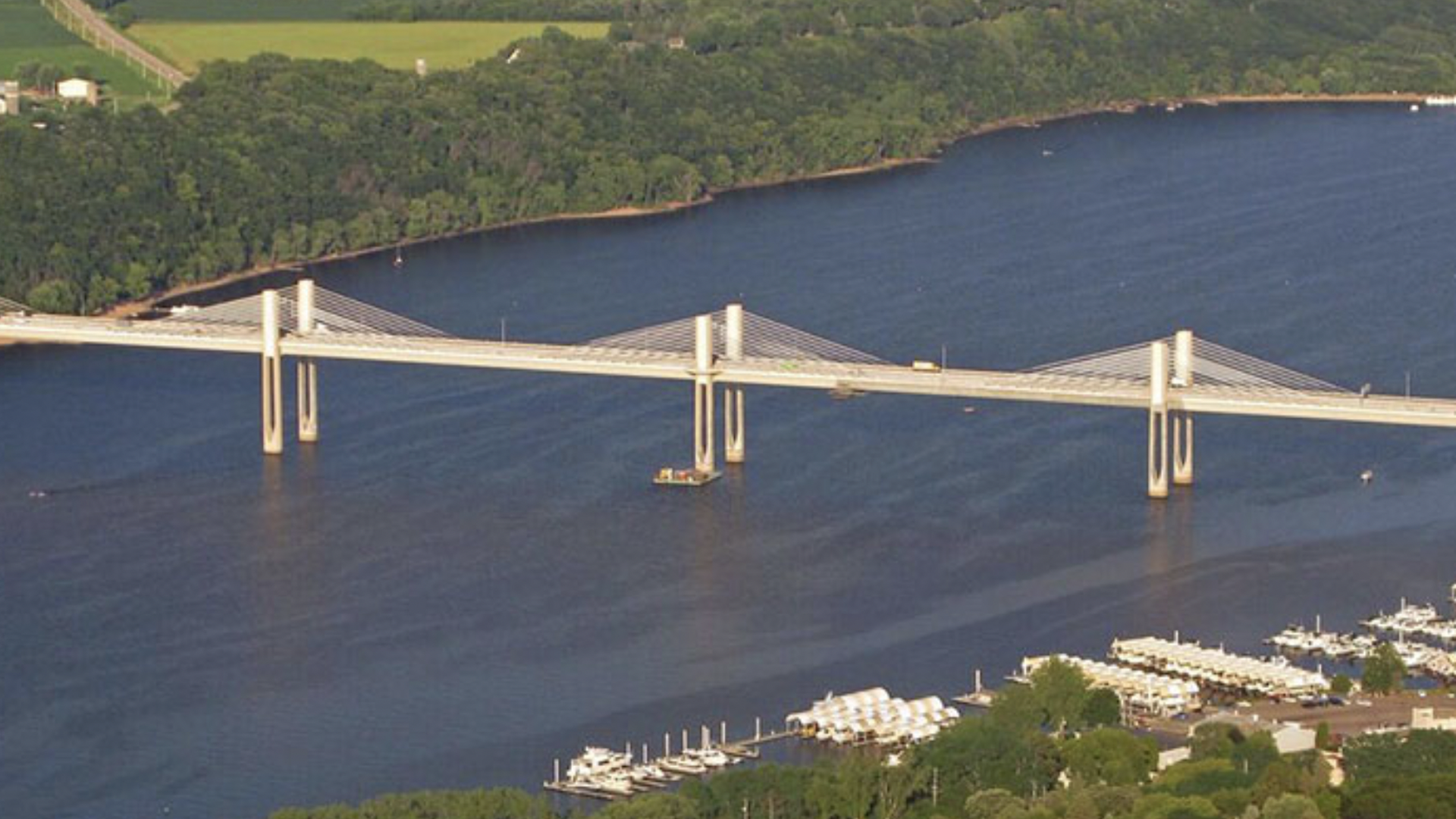 The St. Croix Crossing bridge spans the river on a sunny day 