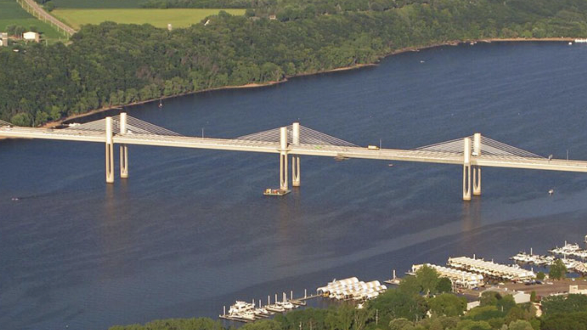 The St. Croix Crossing bridge spans the river on a sunny day