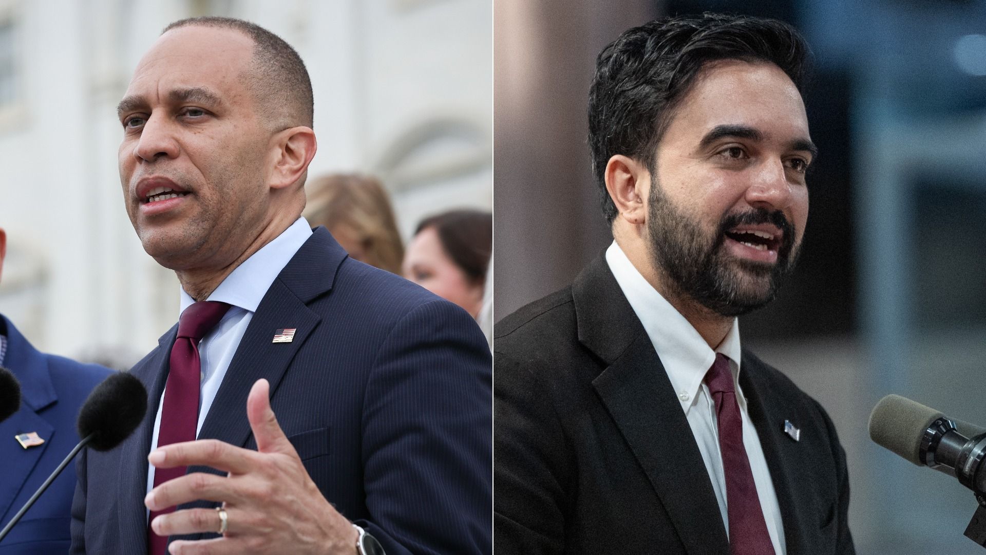 Split image of two men in suits at a press conference. Left: bald with blue shirt, maroon tie, flag pin. Right: bearded man with dark hair, white shirt, maroon tie, speaking into a microphone.