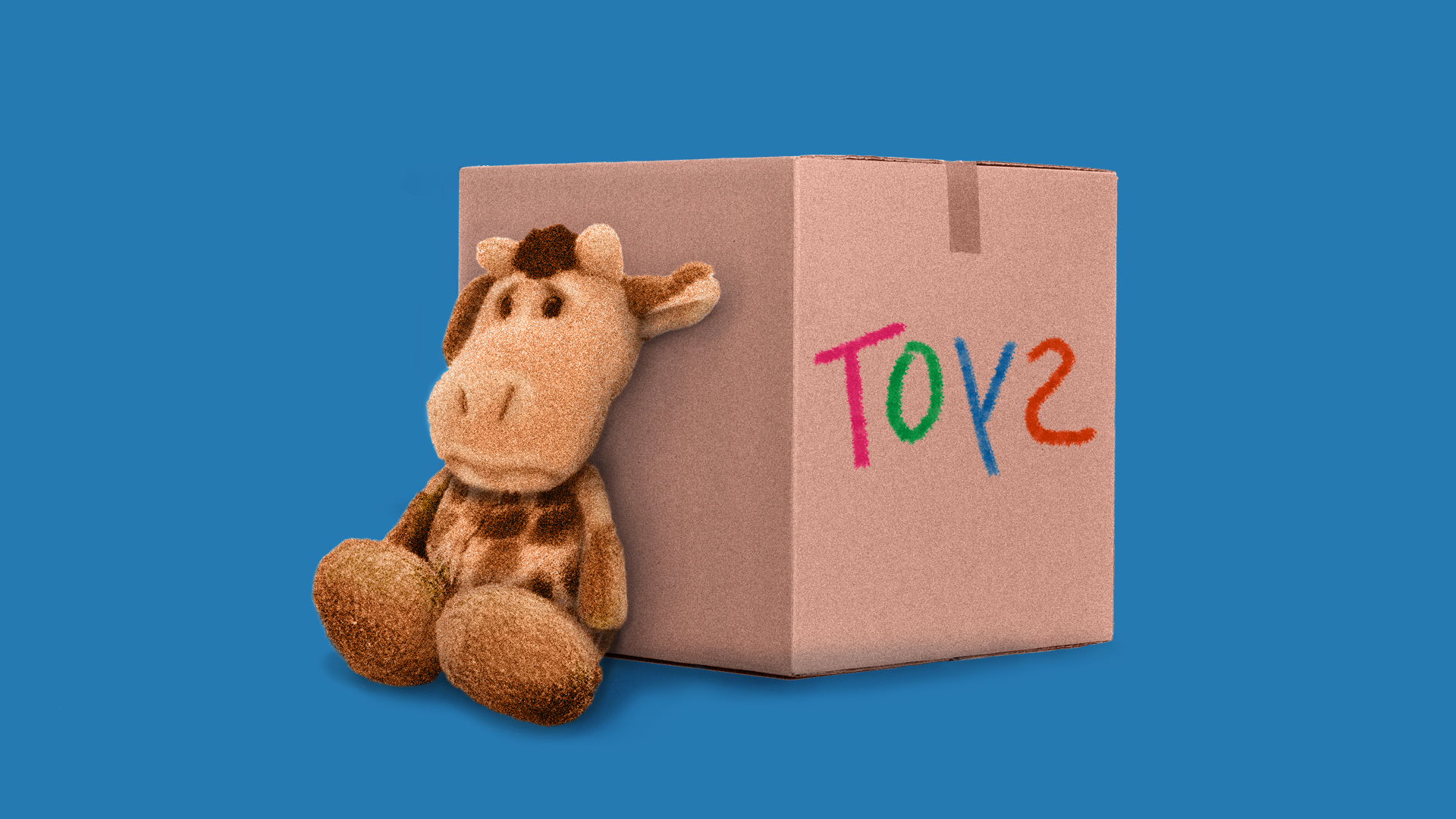 Illustration of a sad giraffe plush toy next to a cardboard box that reads "toys"
