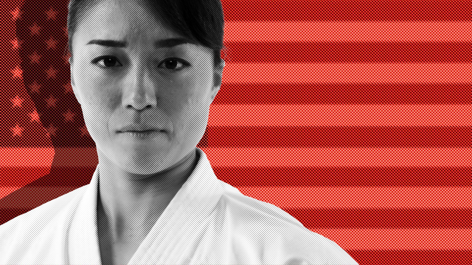 Photo illustration of Karate athlete Sakura Kokuma with the U.S. flag behind her