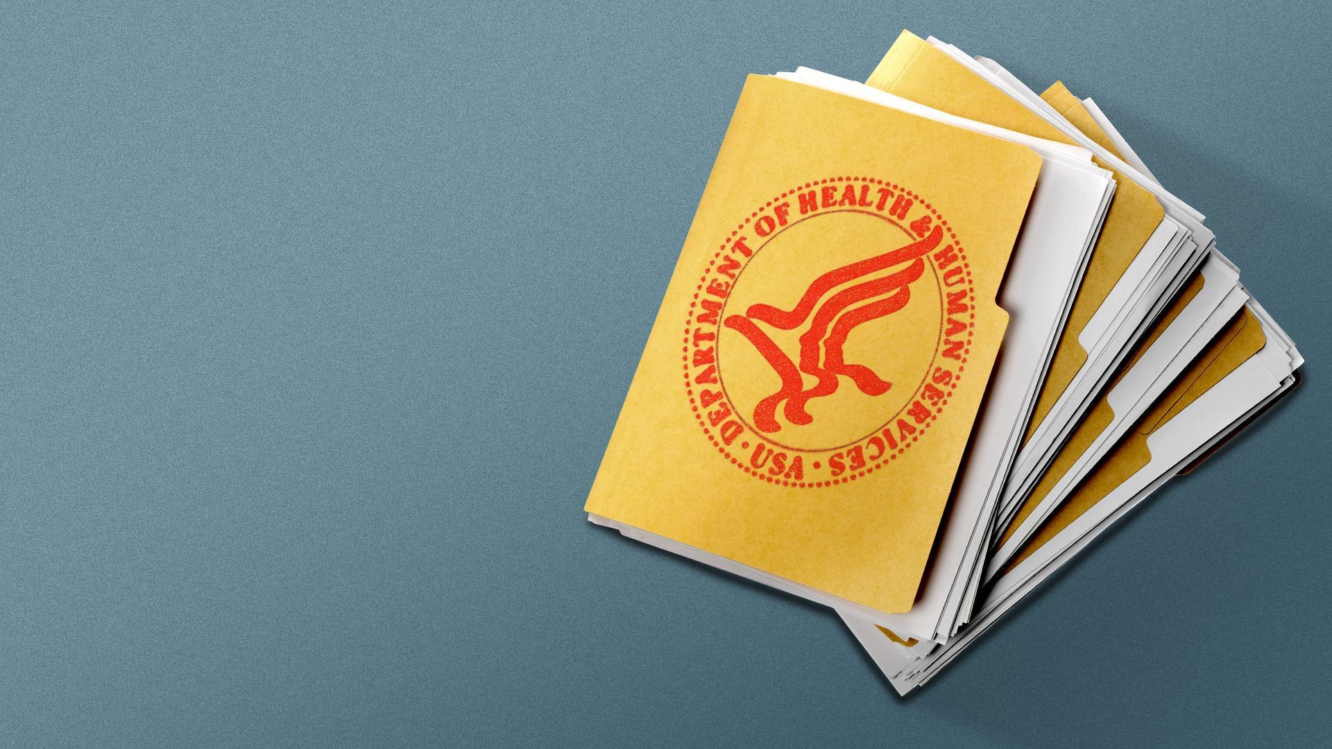 Illustration of a stack of manila folders with paper in them. The top one has the Department of Health and Human Services logo stamped on it.