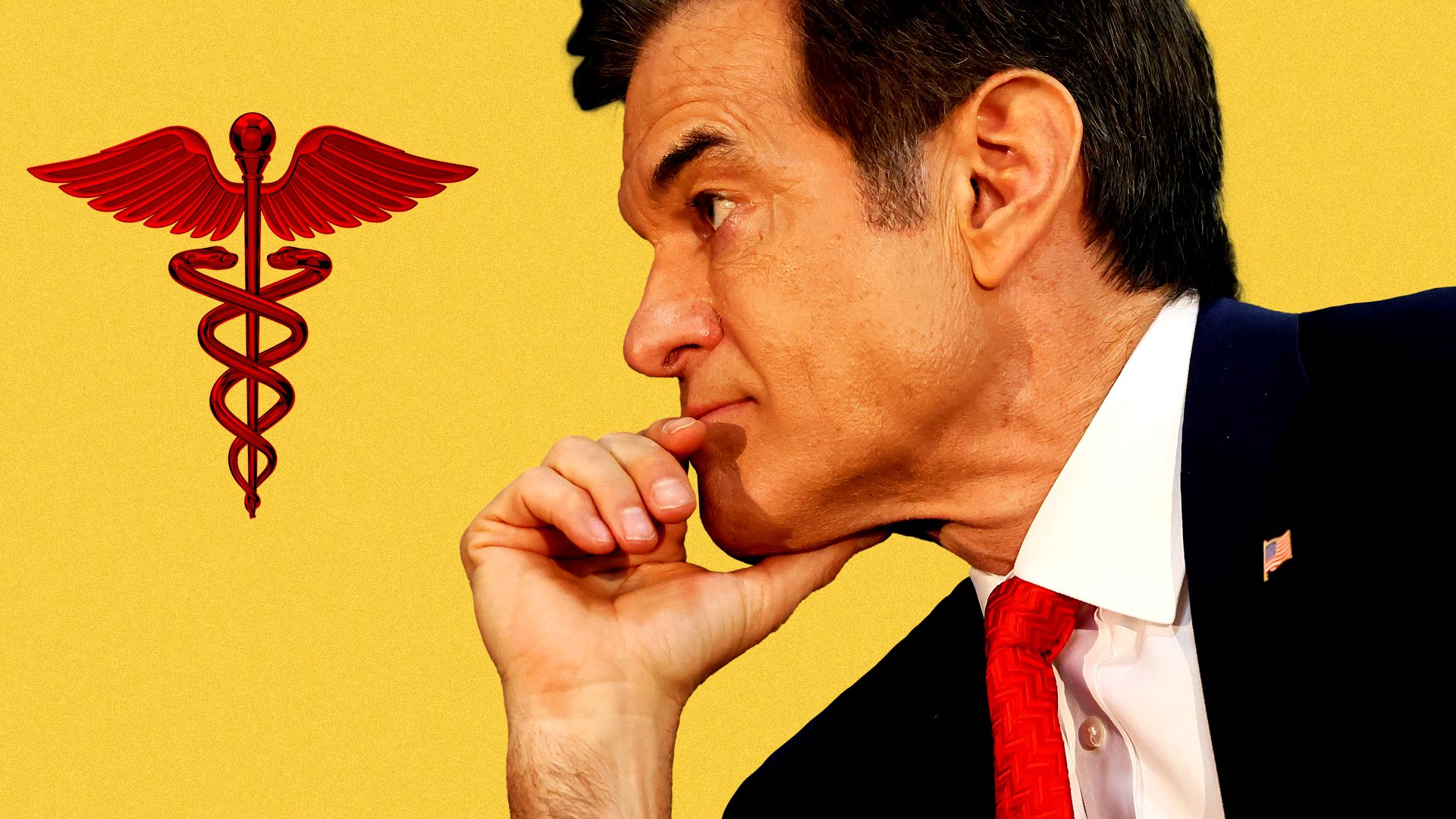 Photo illustration of Dr. Mehmet Oz staring at a small red caduceus