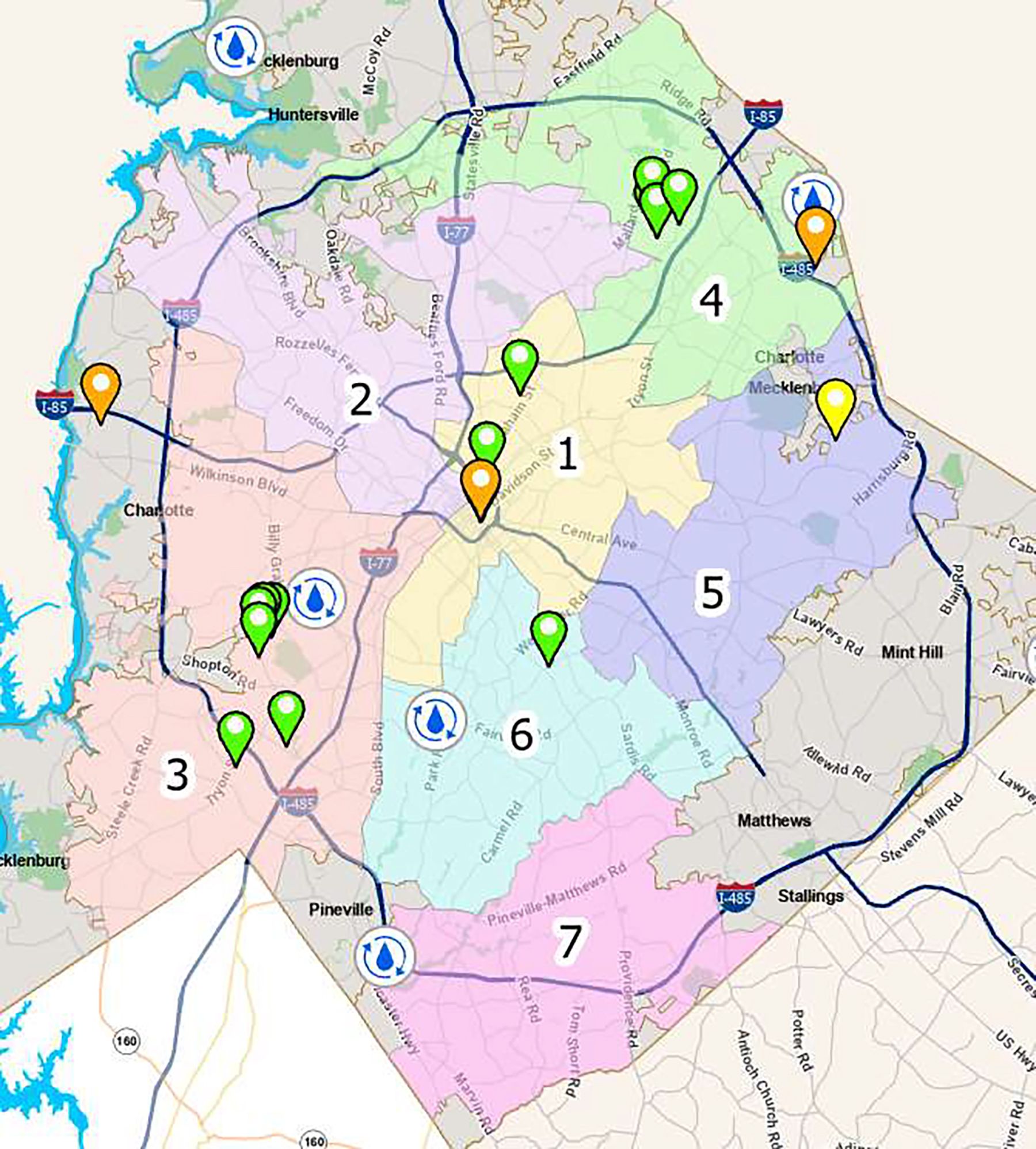 Map of the Charlotte area with seven color-coded zones (1–7), major interstates I-85 and I-485, and many pins (green, orange, yellow) plus blue water‑drop icons along a coastline on the left.
