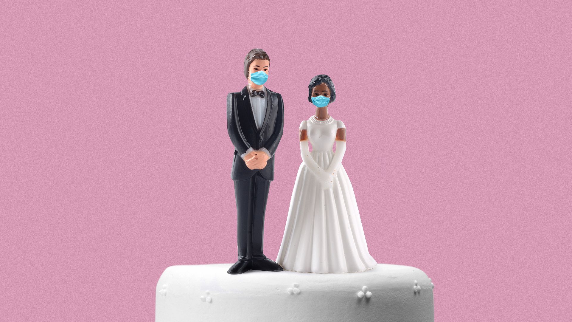 Illustration of the top of a wedding cake with the bride and groom figurines wearing surgical masks. 