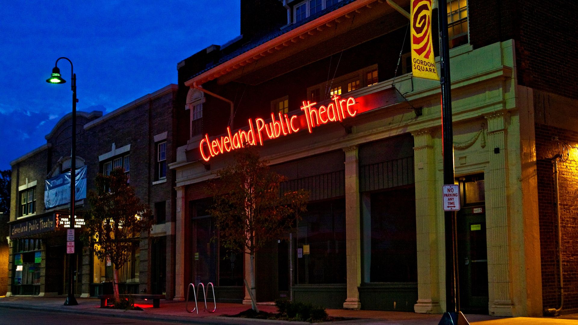 A night photo of the front of Cleveland Public Theatre.