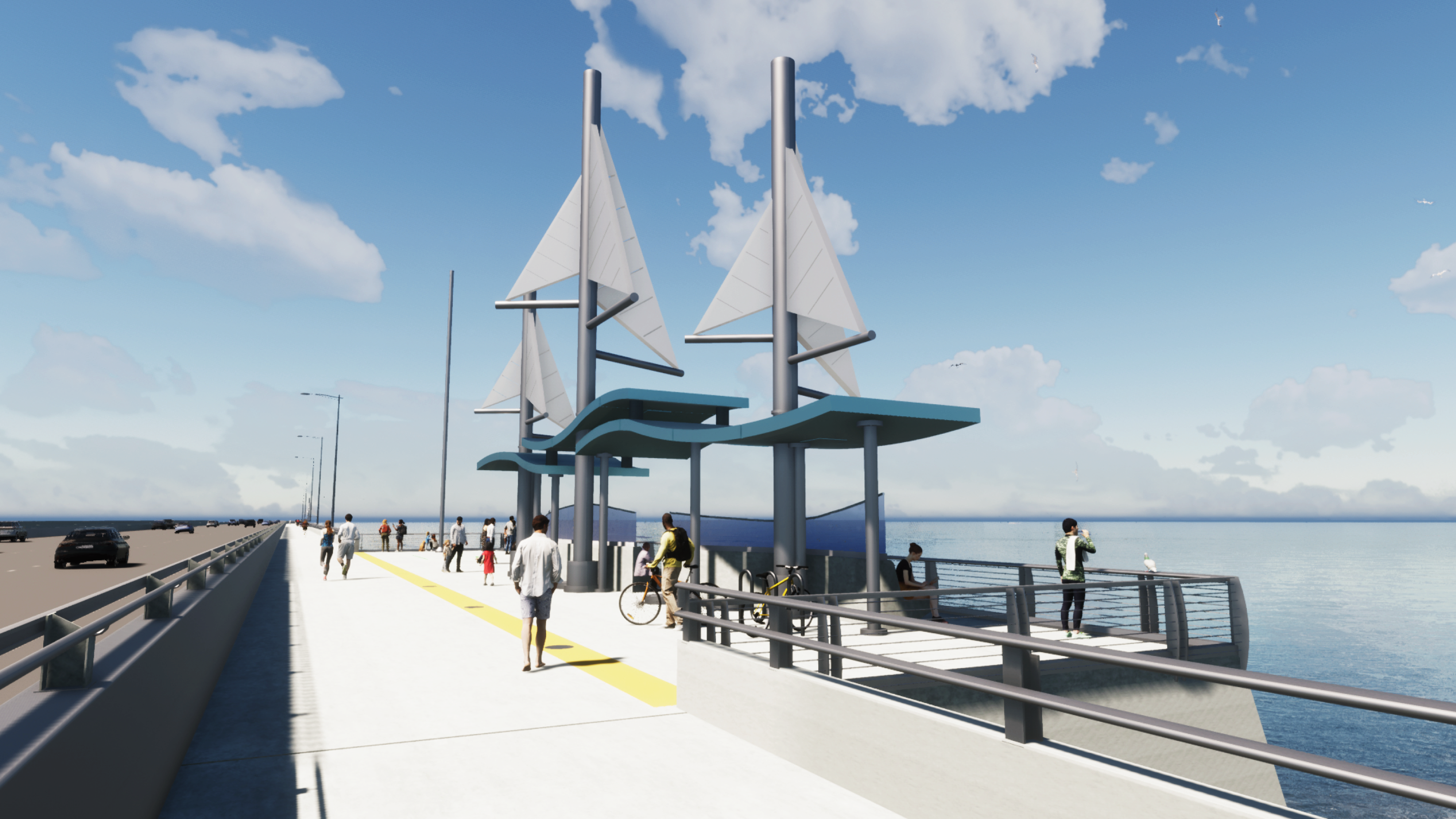 A rendering showing a pedestrian and bike path attached to a bridge overlooking the water. The path has decorate white features that look like sails.