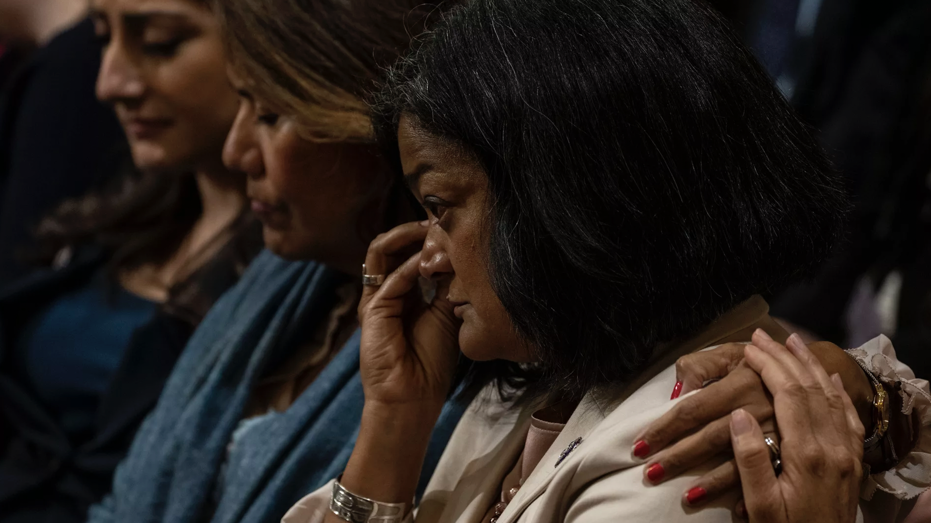 Rep. Pramila Jayapal (D-WA) reacts on July. 21 after seeing footage of herself from the Jan. 6, 2021 attack on the U.S. Capitol. 