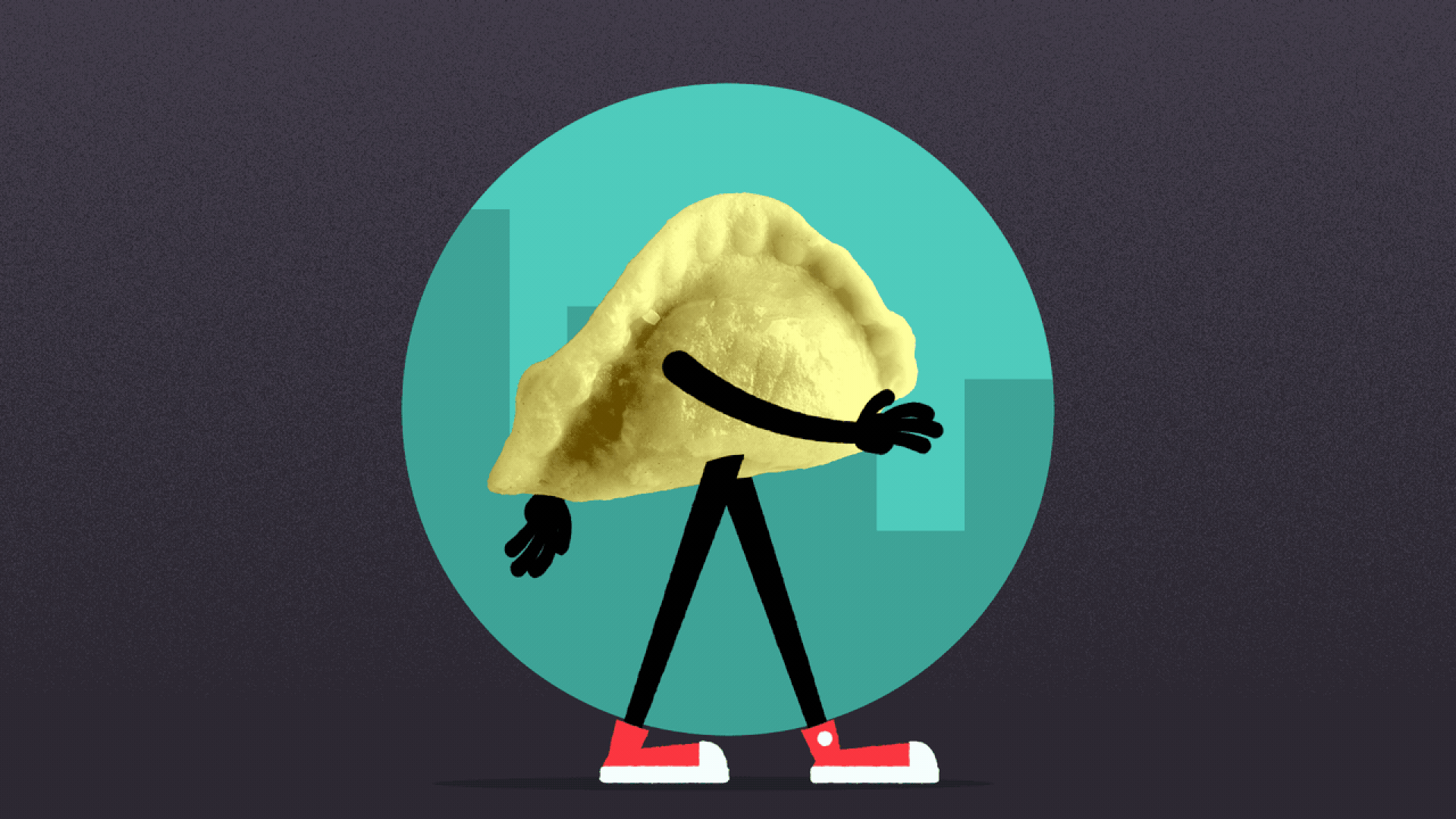 Illustration of a pierogi with arms and legs walking in front of buildings. 