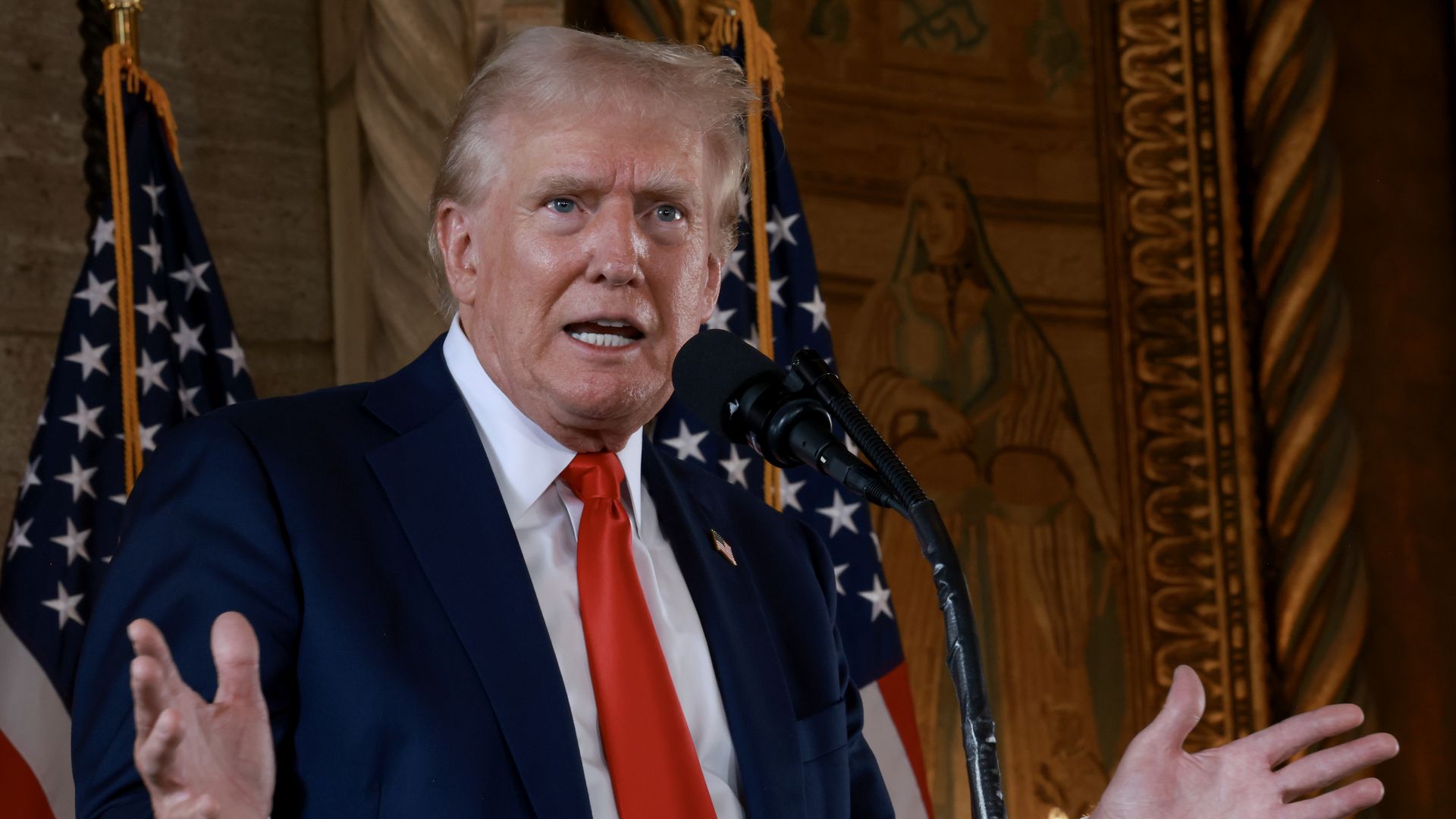 PALM BEACH, FLORIDA - AUGUST 08: Republican presidential candidate former President Donald Trump speaks during a press conference at Mr. Trump's Mar-a-Lago estate on August 08, 2024, in Palm Beach, Florida. Polls currently show a close race between Trump and Democratic presidential candidate, U.S. V