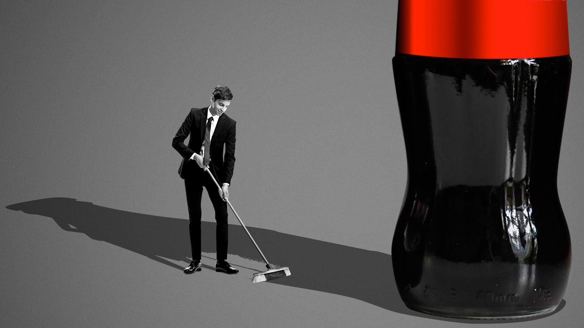 Illustration of a person sweeping up the shadow being cast from a giant Coca-Cola bottle.