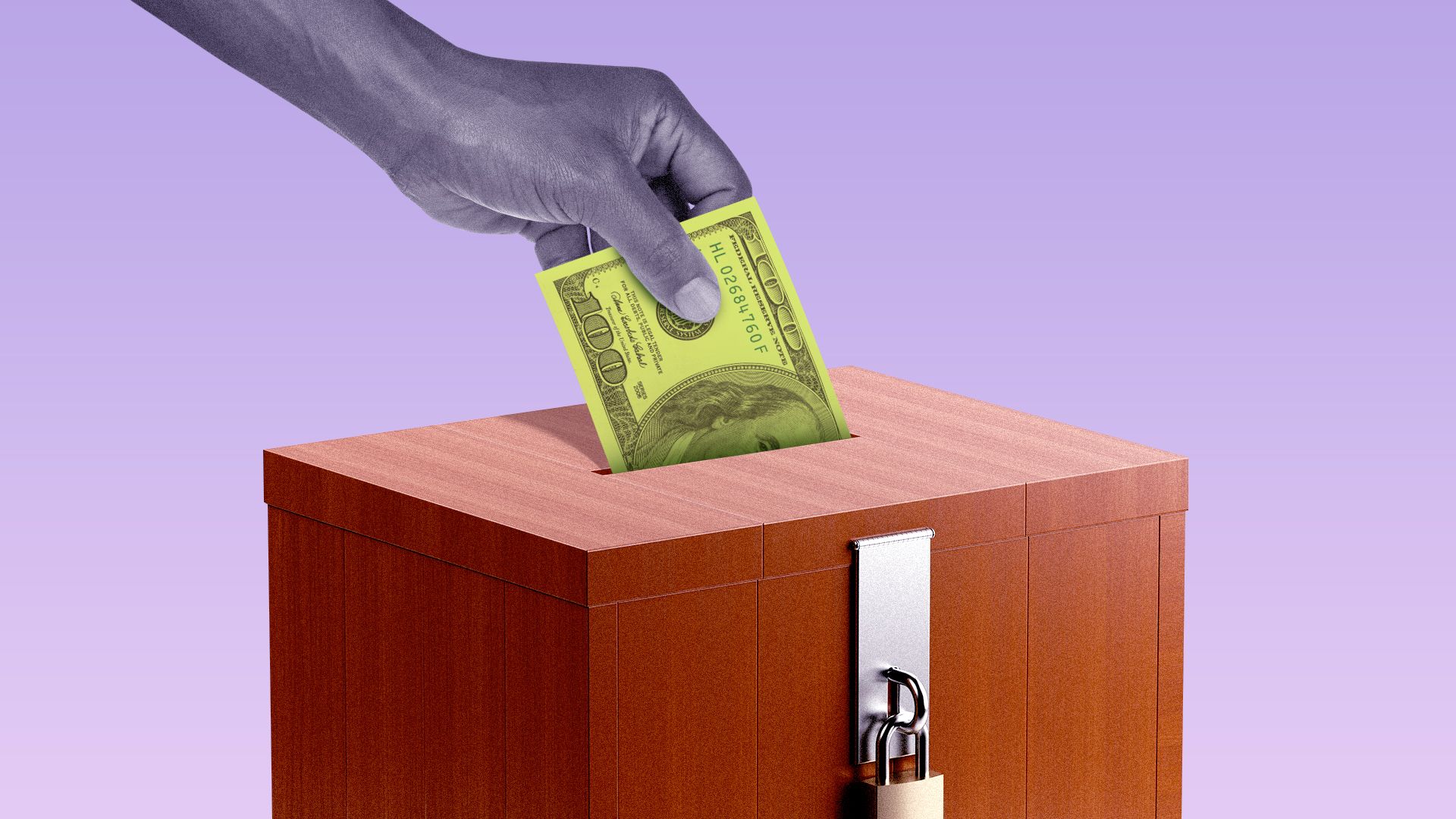 Illustration of a hand putting a hundred dollar bill in a ballot box. 
