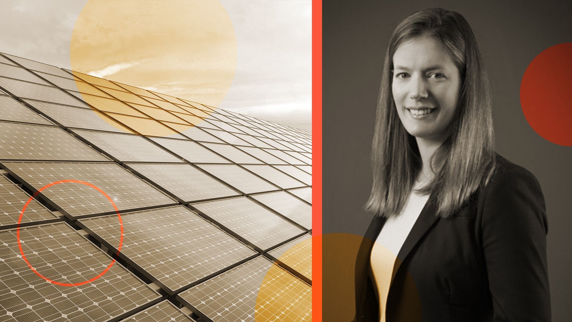 Photo illustration of partner and managing director Britta Von Oesen next to solar panels and circles.