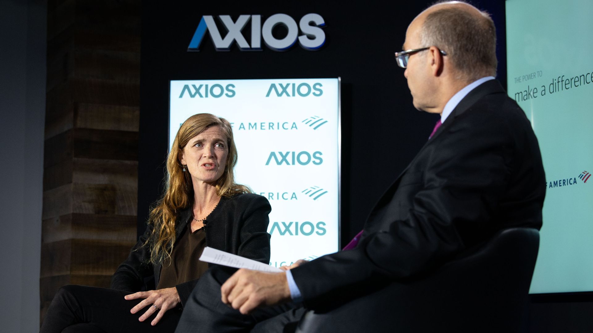 Left, Samantha Power on the Axios stage, with Mike Allen, right.