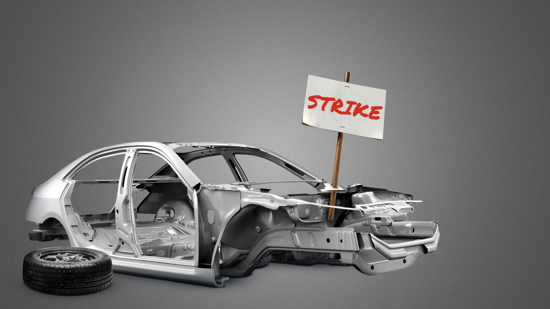 Illustration of a half finished car chassis with a sign stuck in the frame that reads "Strike". 