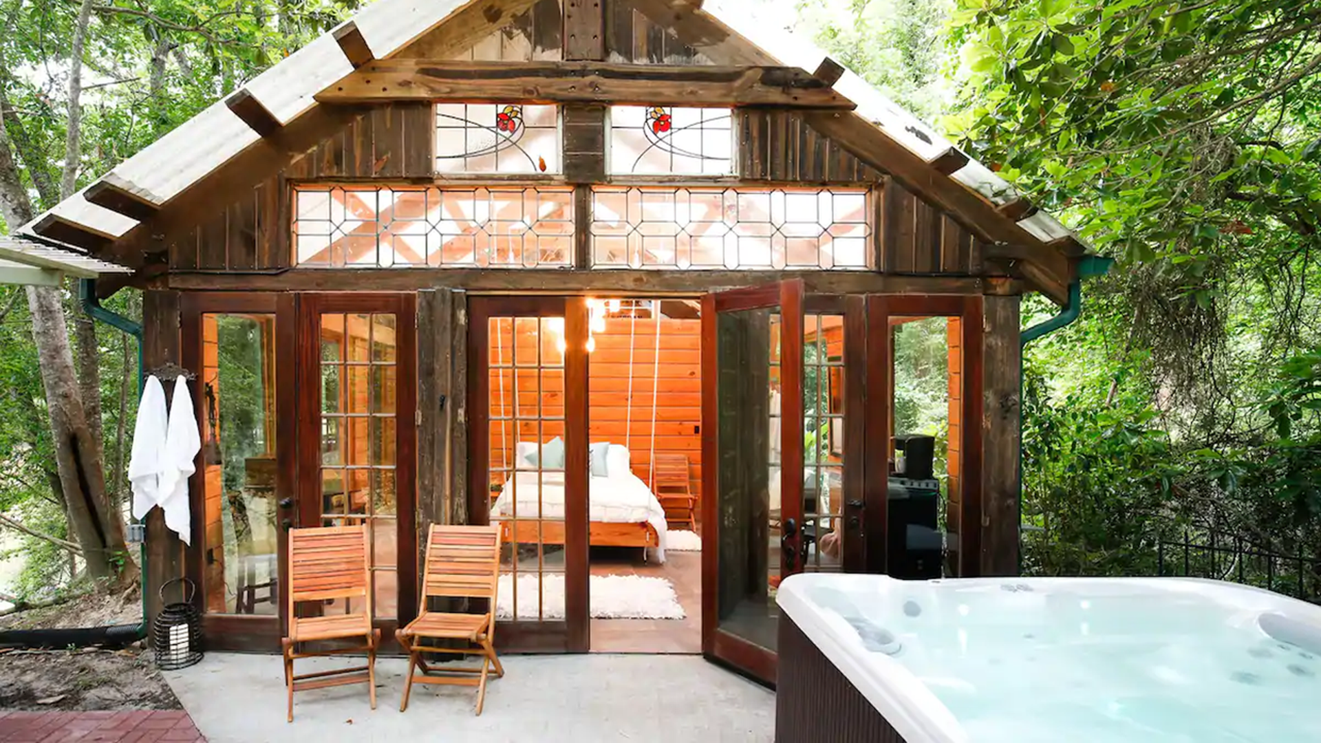 rustic cabin with hot tub