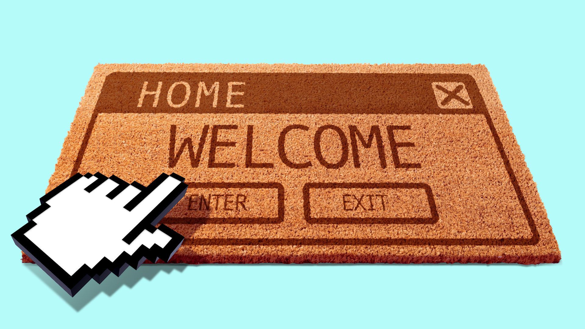 Illustration of a welcome mat that looks like a computer dialogue box with a cursor