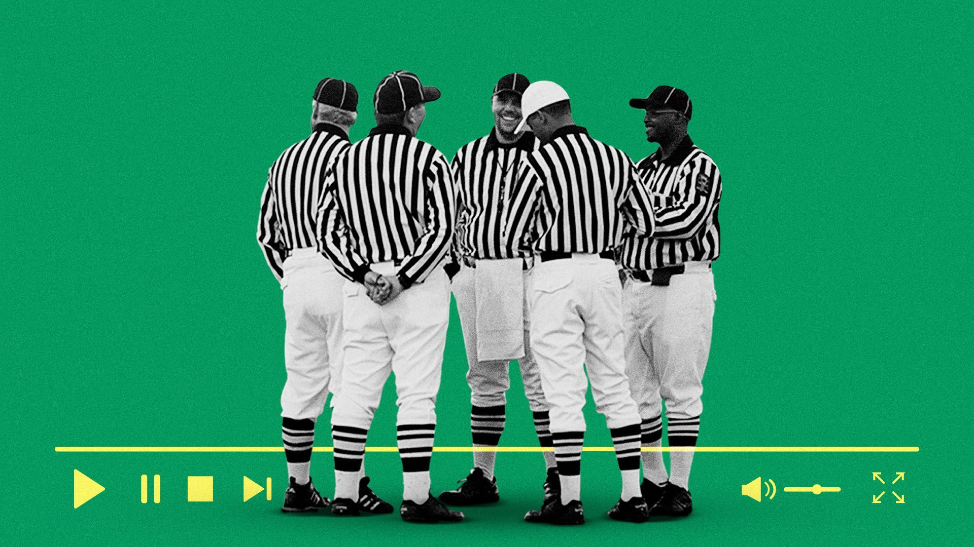 Illustration of a group of football referees standing around a digital streaming progress bar