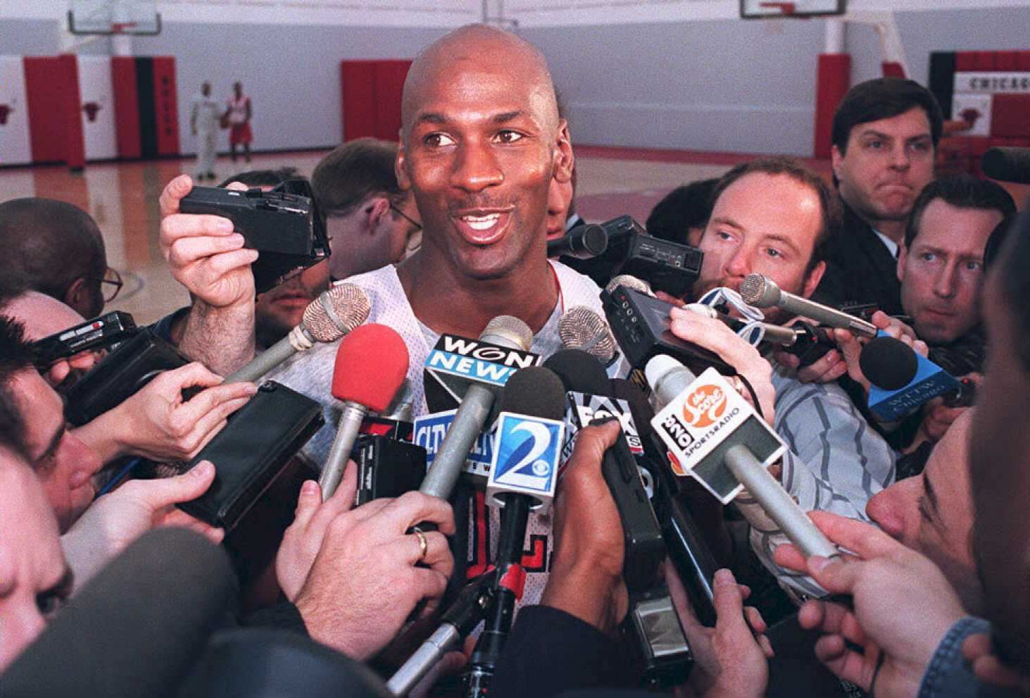 Michael Jordan talking to the media
