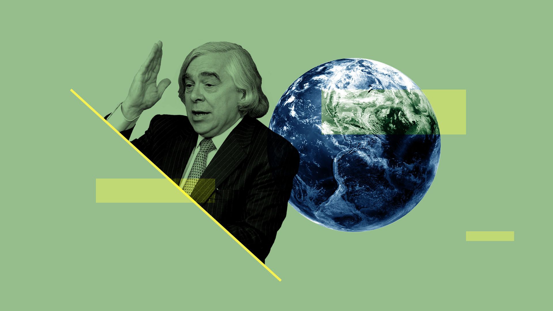 Illustrated collage Ernest Moniz and the planet earth