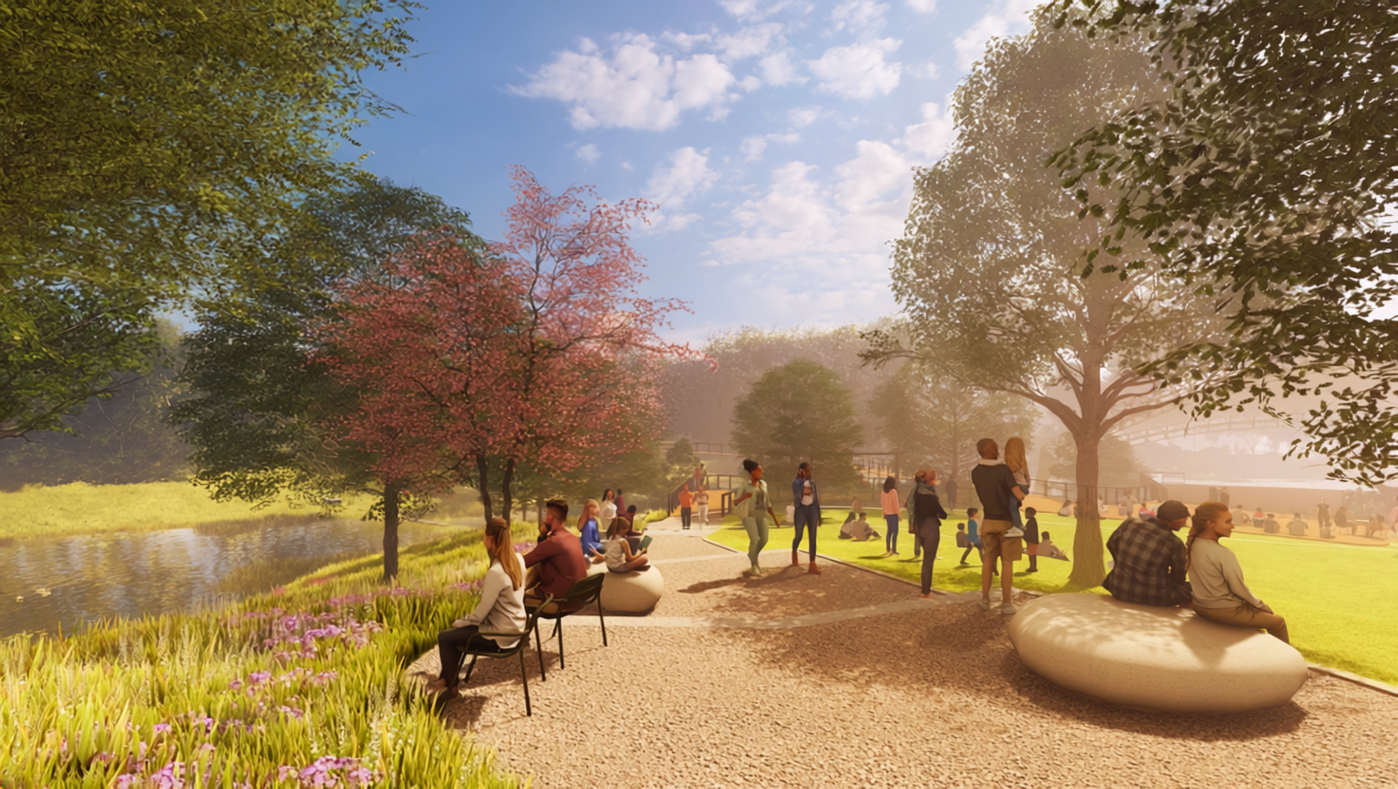 Sunny park by a lake with a pink flowering tree, green trees, and a winding path. People sit, walk, and chat on the lawn as warm light softens from the right.