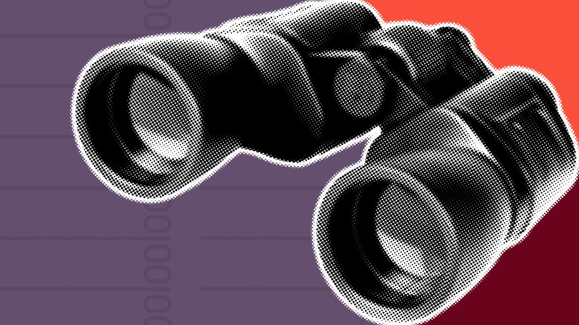 Illustration of binoculars in halftone set in front of bold colors and numbers