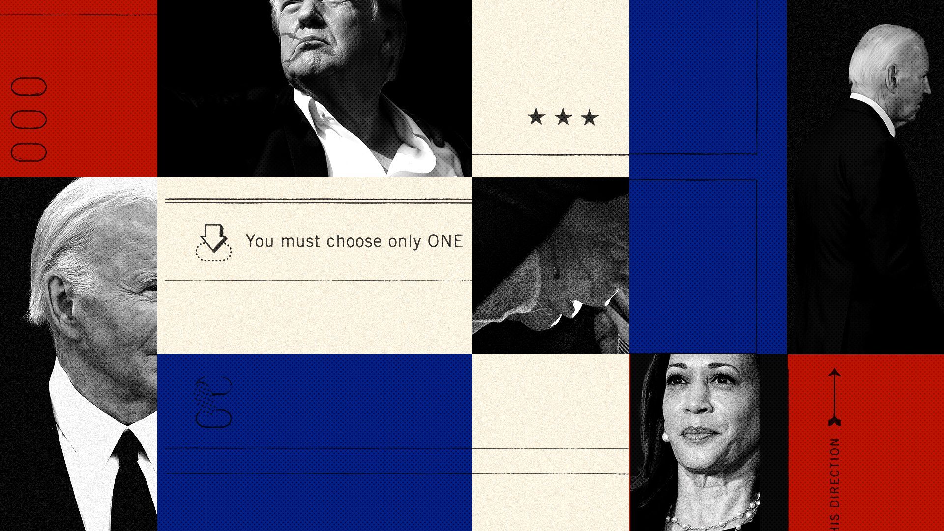 a photo illustration of joe biden, donald trump, kamala harris and scans of an election ballot 