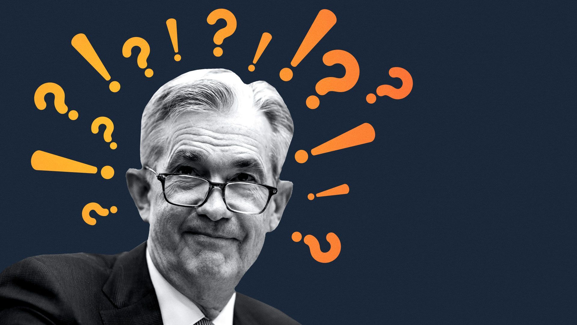 Illustration of Jerome Powell surrounded by exclamation points and question marks.