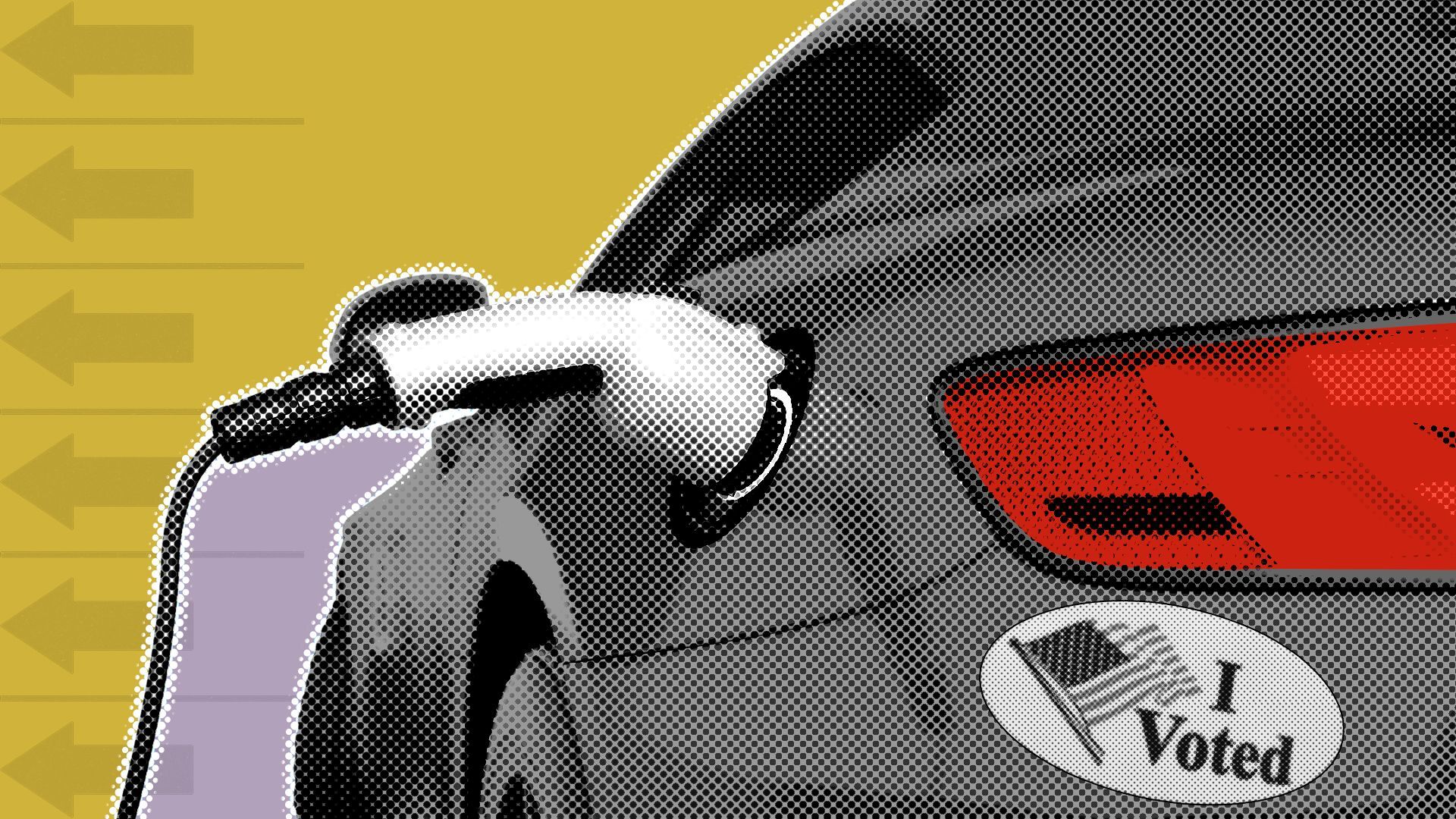 Illustration of an electric car with an "I voted" bumper sticker and ballot elements in the background