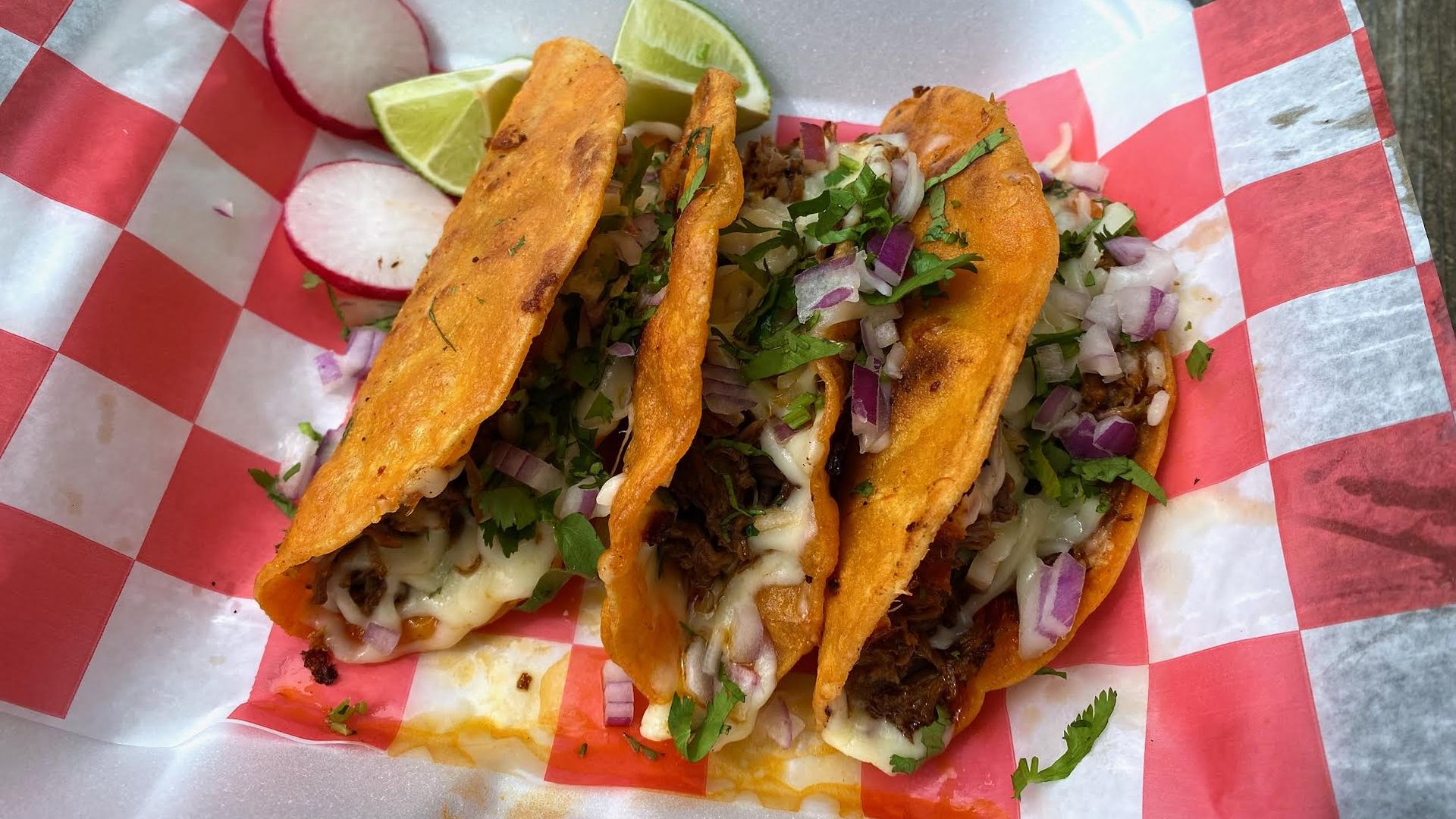 Three tacos from a Columbus taco food truck.