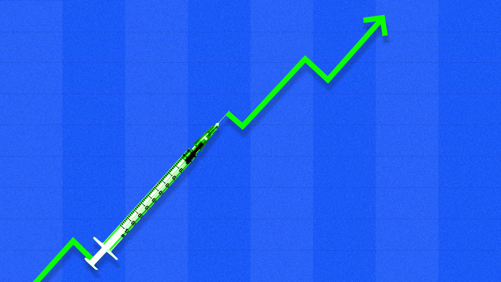 In this illustration, a needle forms part of an increasing green line that mimics a stock market line. 