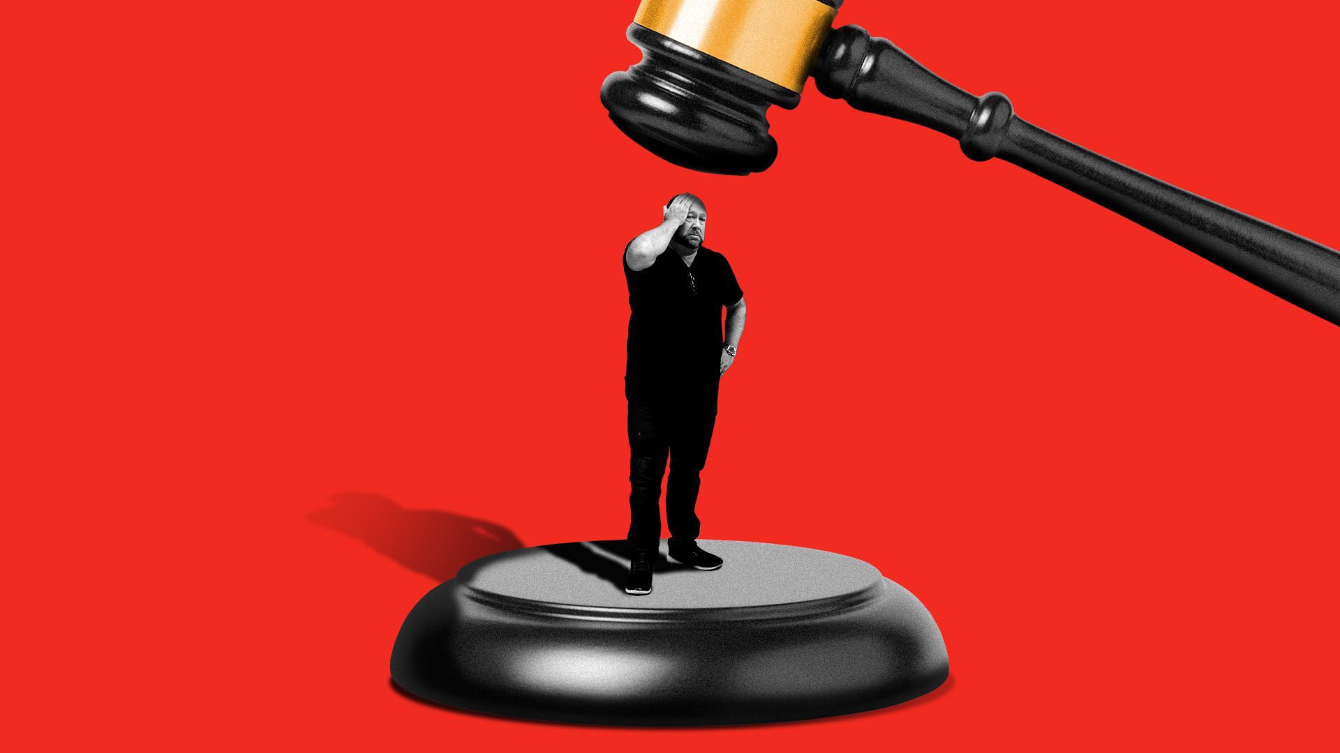 Photo illustration of Alex Jones standing on a block with a gavel above